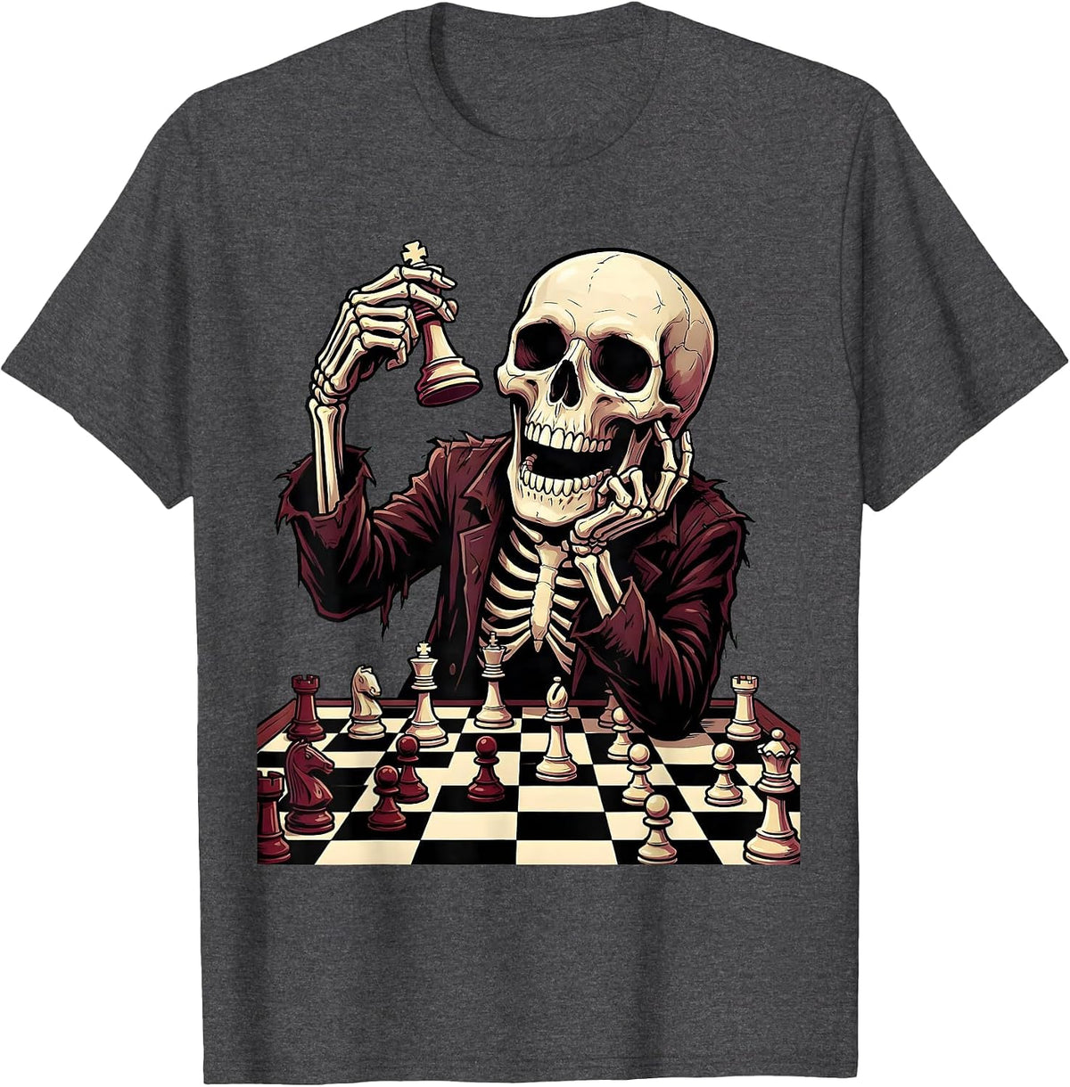 Men's Skeleton Chess Player Mid-Game Illustration T-Shirt - Dark Heather Grey