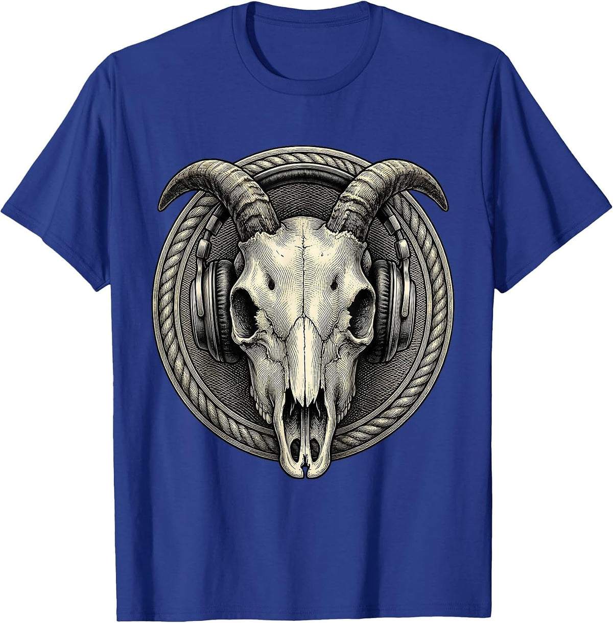 Men's Horned Goat Skull Headphones Metal Band Graphic T-Shirt - Royal Blue