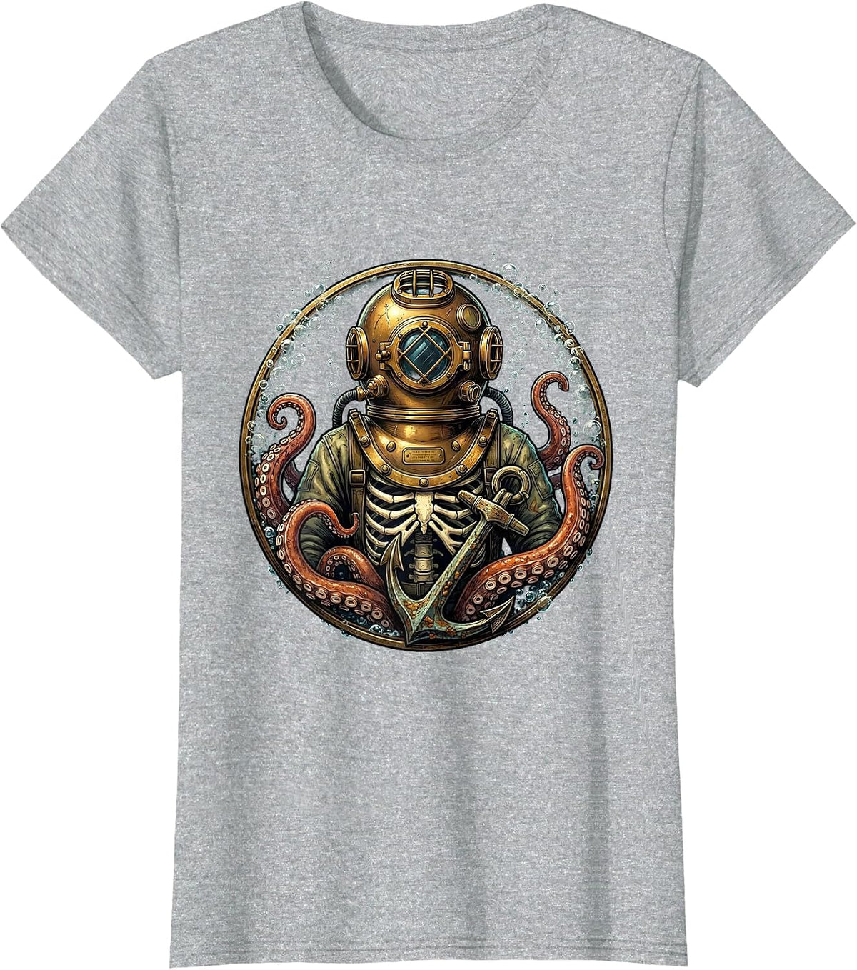 Skeleton Deep Sea Diver Vintage Diving Helmet Art T-Shirt - Heather Grey
