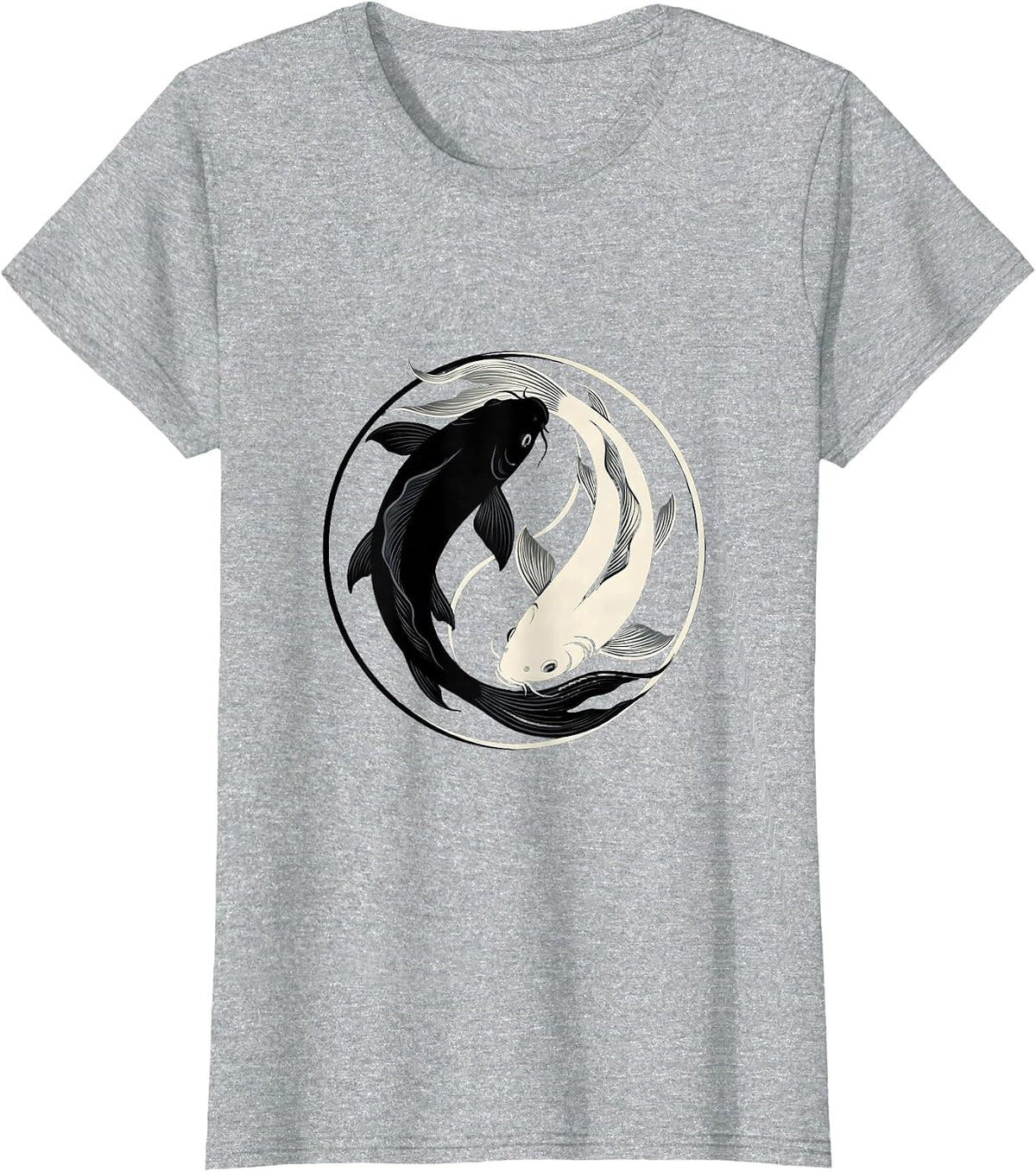 Yin Yang Koi Fish Circling Harmony Design T-Shirt - Heather Grey