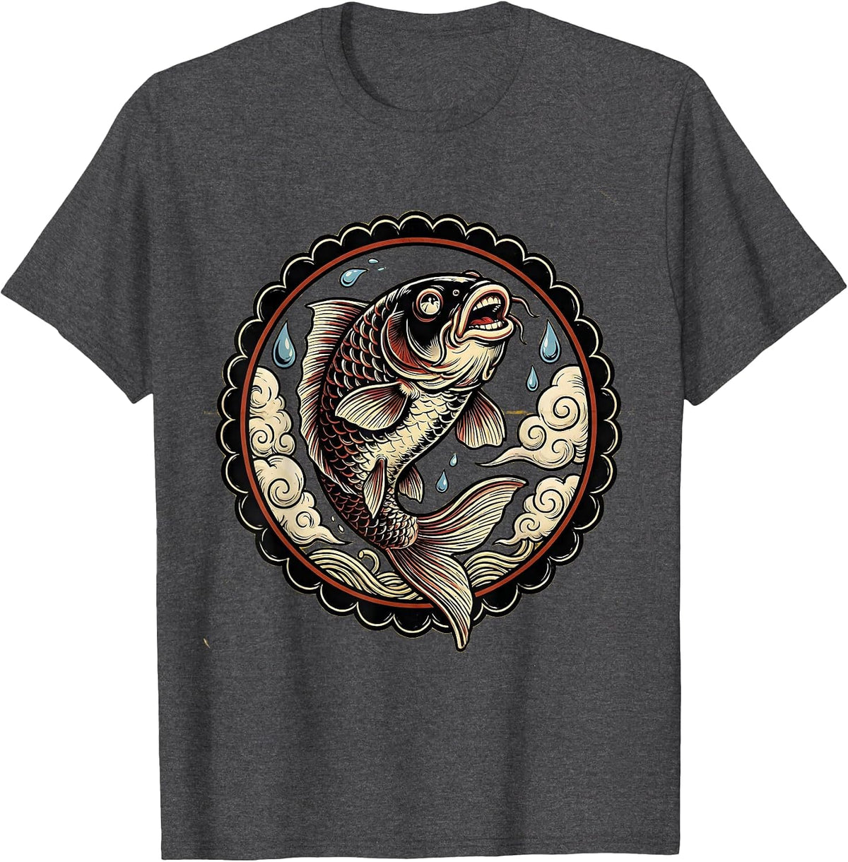 Giant Koi Fish Leaping Through Storm Clouds Anime T-Shirt - Dark Heather Grey