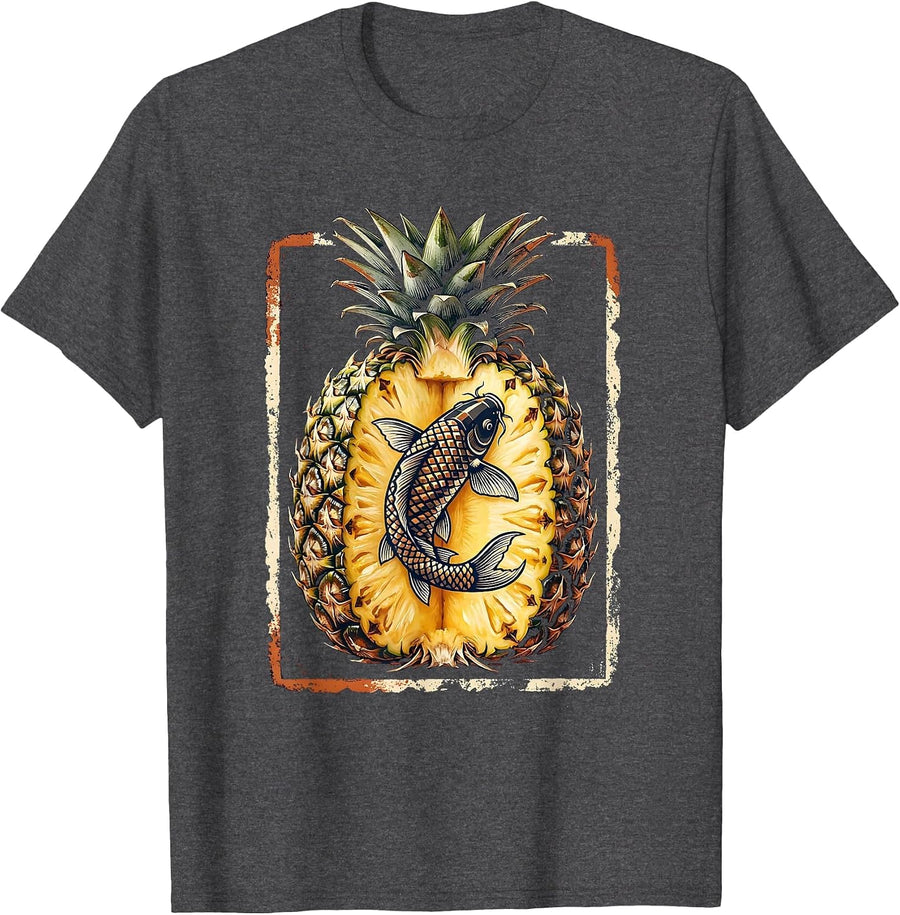 Men's Pineapple Koi Fish Split Fruit Graphic Design T-Shirt - Dark Heather Grey