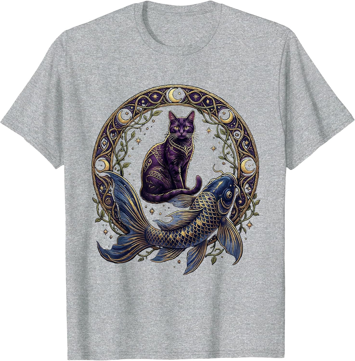 Men's Cat and Koi Fish Shadow Graphic Tee T-Shirt - Heather Grey