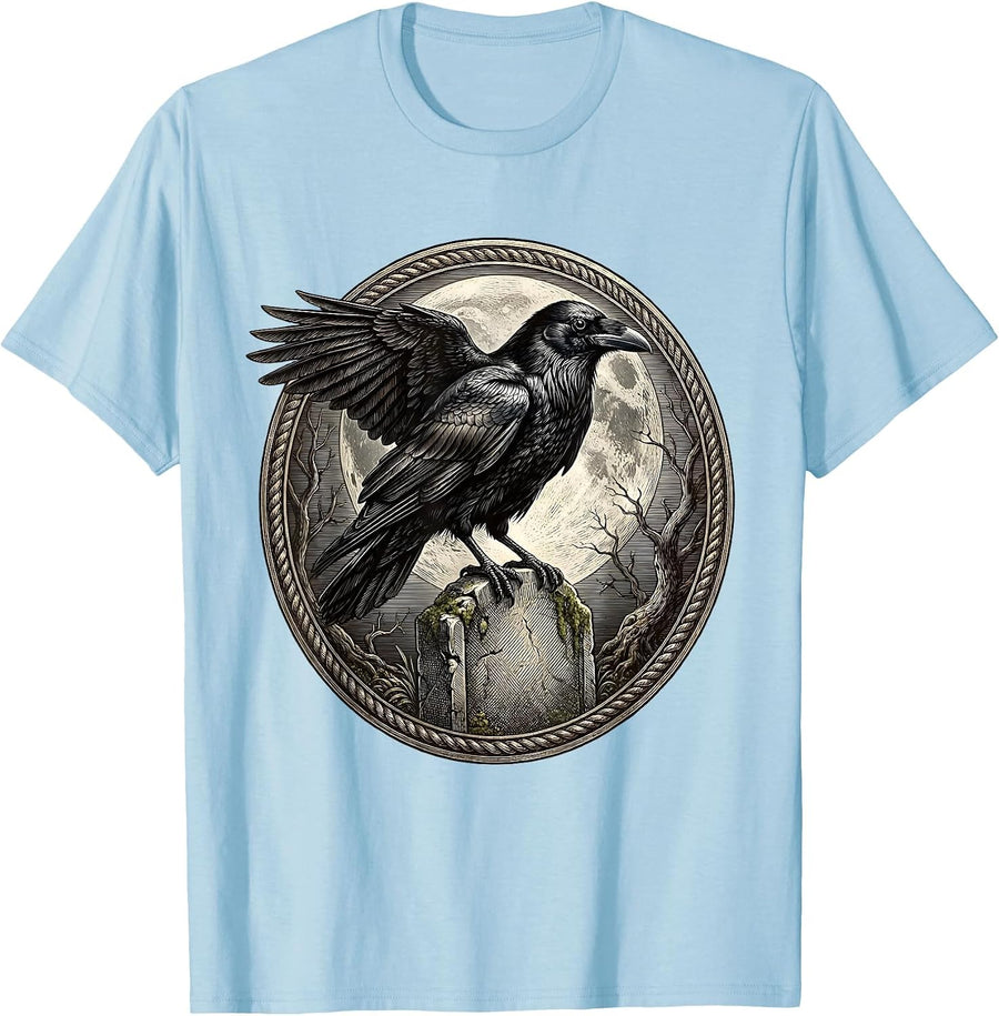 Men's Raven on Gravestone Spooky Halloween Graphic T-Shirt - Baby Blue