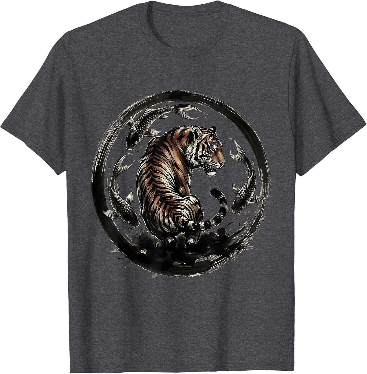 Tiger and Koi Fish Swirl Graphic Design T-Shirt - Dark Heather Grey