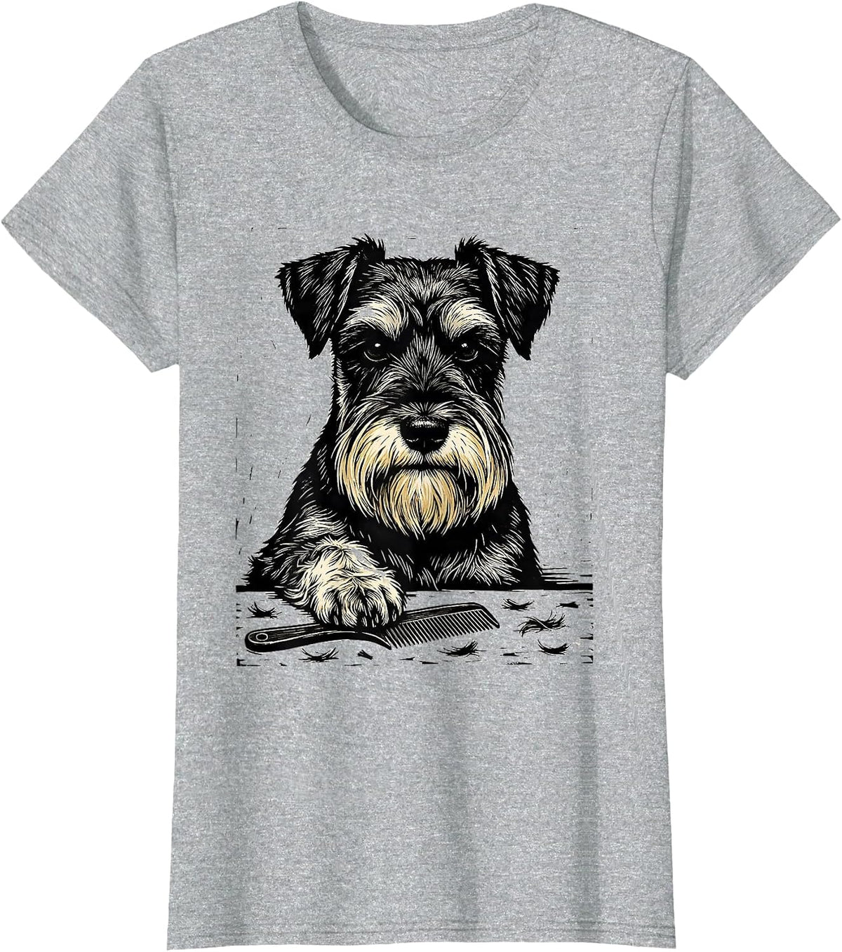 Women's Miniature Schnauzer Linocut Vintage Pet Lover Art T-Shirt - Heather Grey