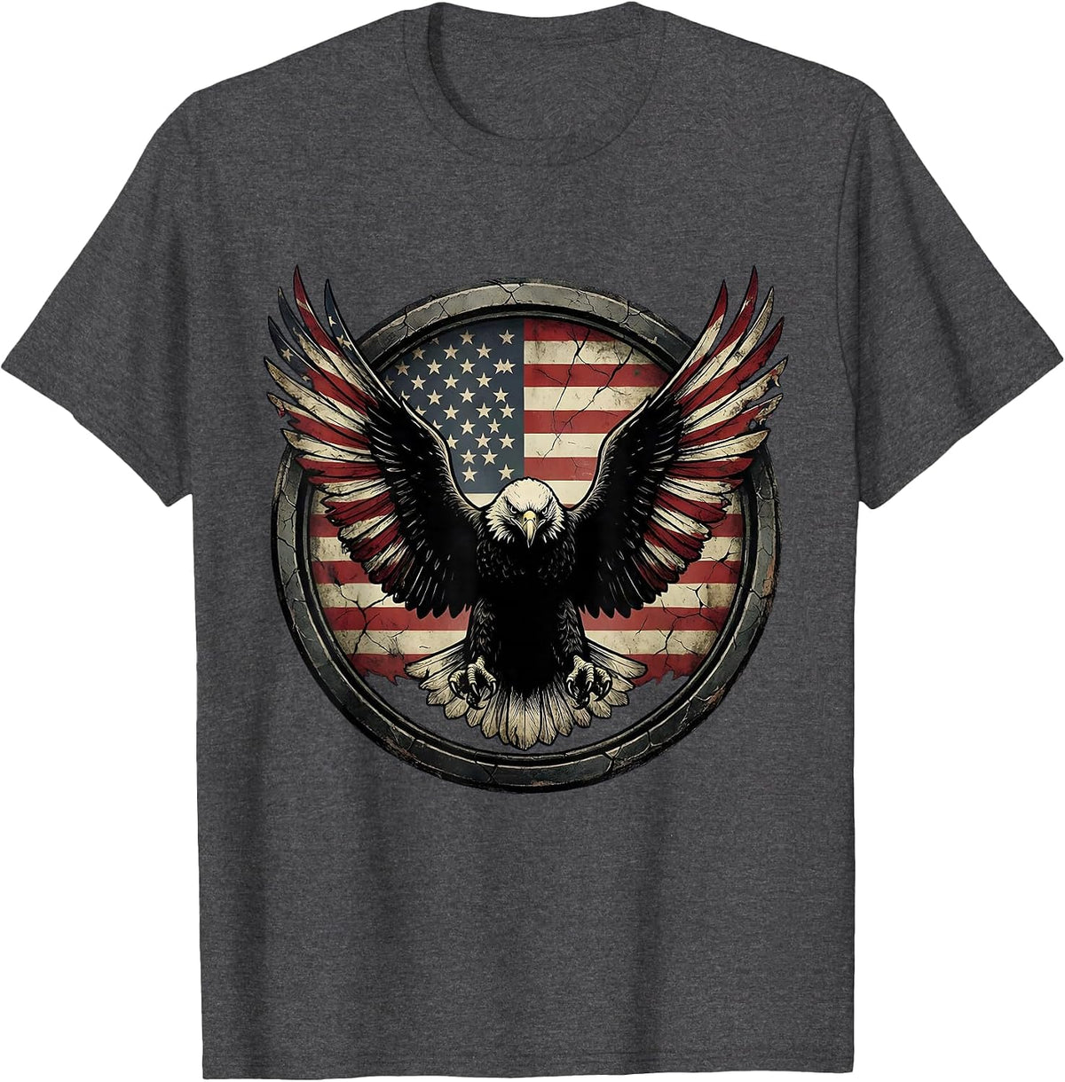 Men's American Flag Bald Eagle Wingspan Patriotic Design T-Shirt - Dark Heather Grey