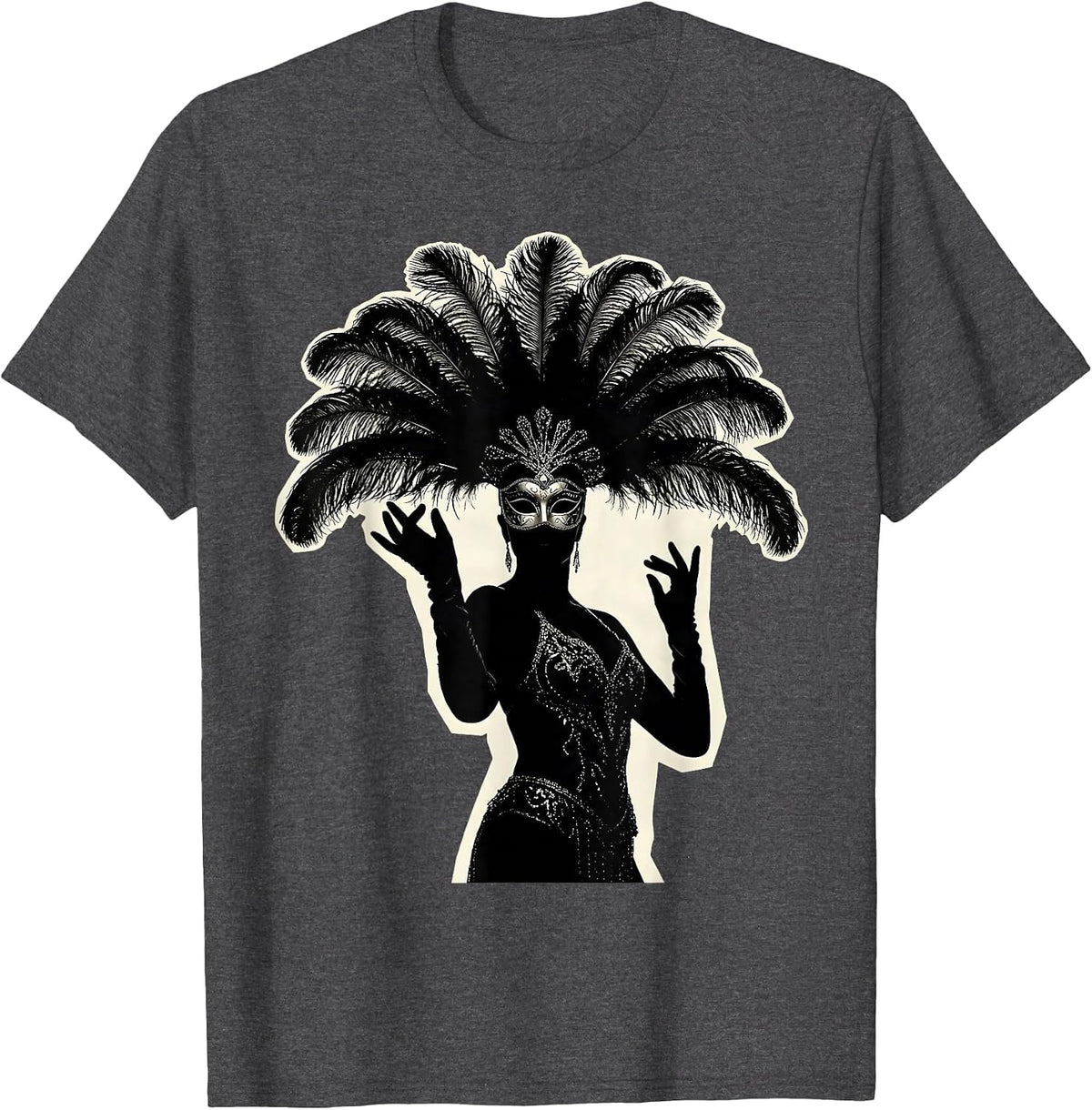 Masked Showgirl Venetian Feather Mask Illustration T-Shirt - Dark Heather Grey