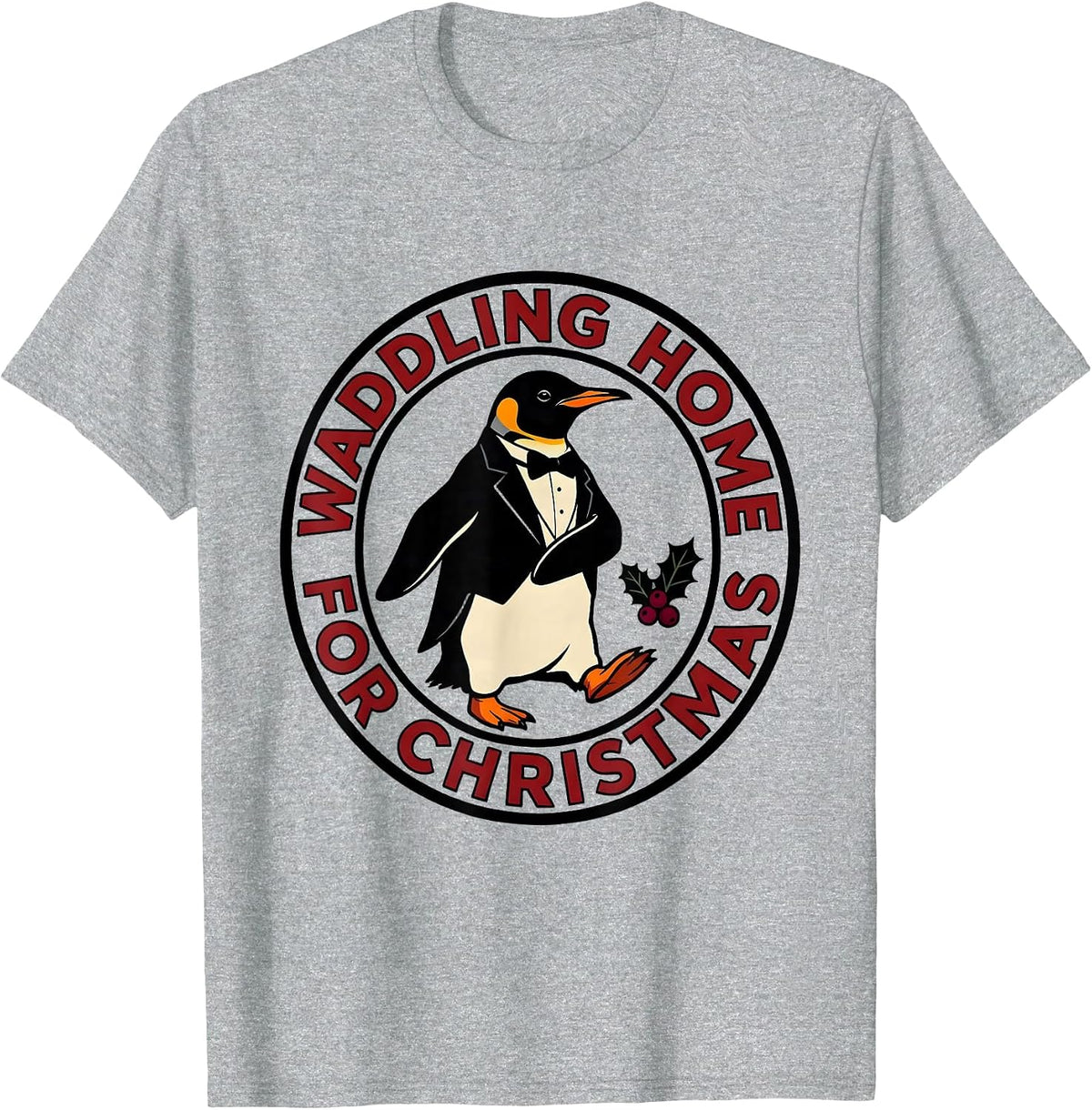 Men's Waddling Home For Christmas Funny Penguin Lover Christmas T-Shirt - Heather Grey