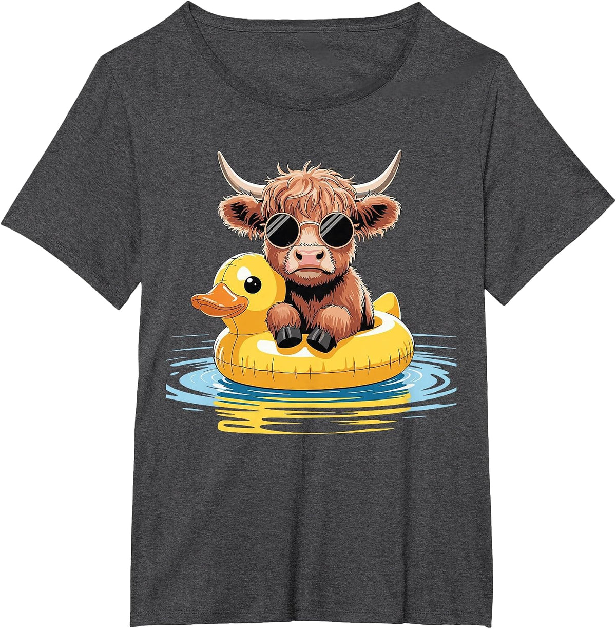 Highland Cow Duck Pool Float Summer Swimming T-Shirt - Dark Heather Grey