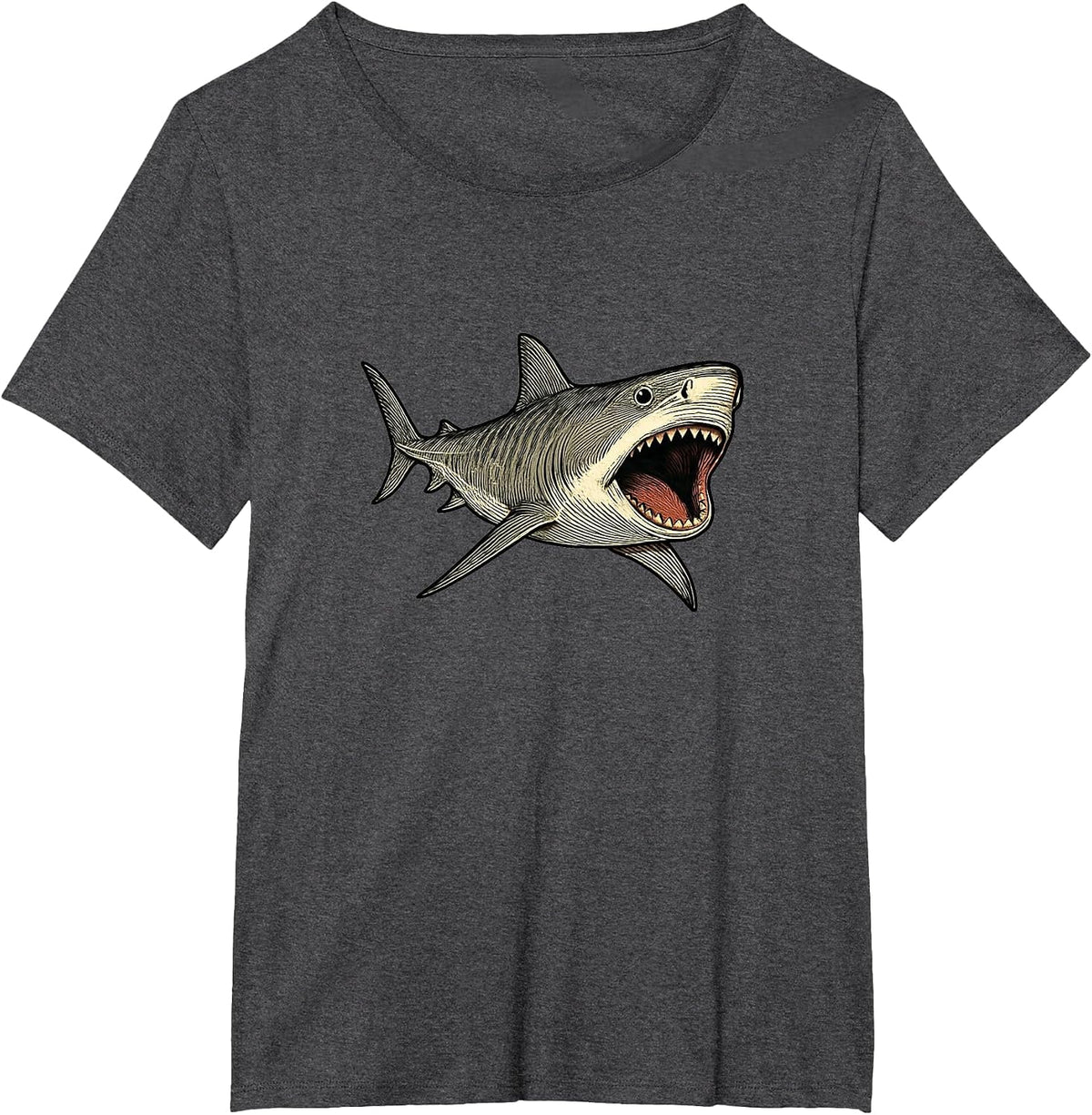 Tiger Shark with Open Mouth Ocean Design T-Shirt - Dark Heather Grey
