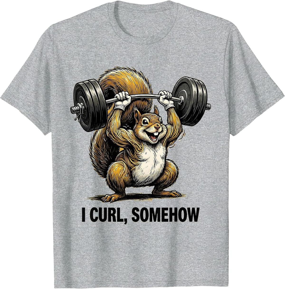 Men's I Curl Somehow Retro Cartoon Funny Gym Workout Weightlifting T-Shirt - Heather Grey