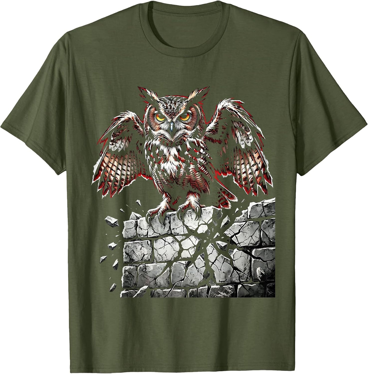 Owl on Crumbling Stone Wall Free Speech Design T-Shirt - Olive Green