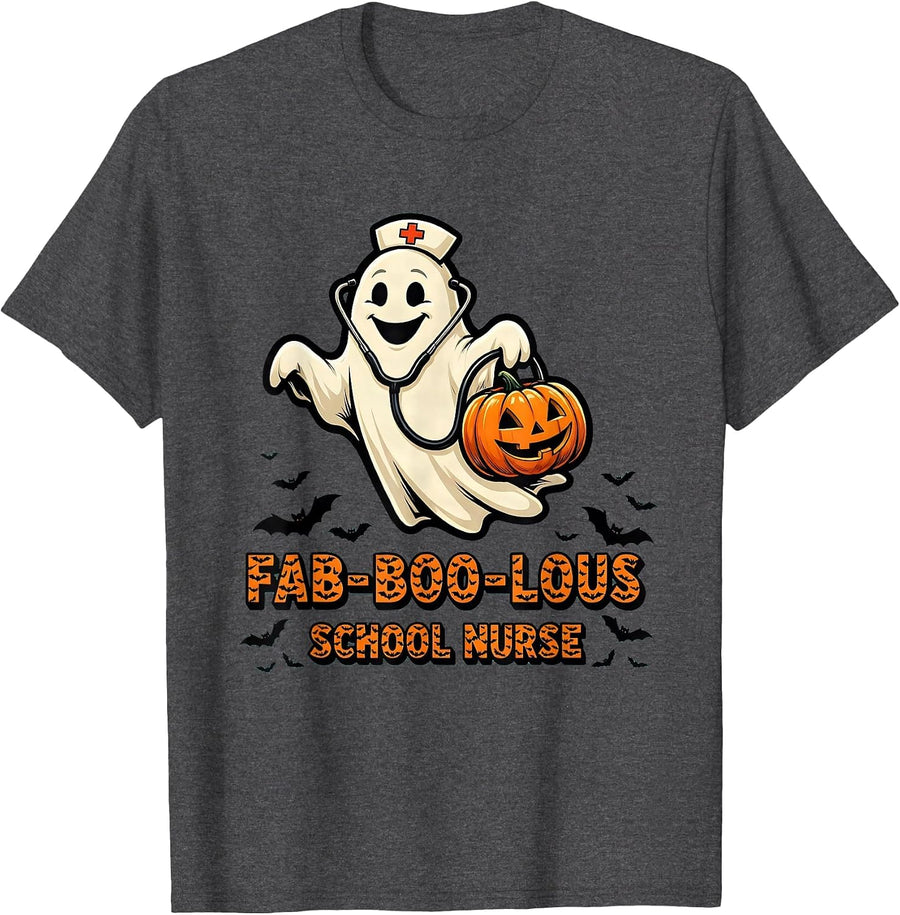 Men's Fab-Boo-Lous School Nurse Ghost Halloween Costume T-Shirt - Dark Heather Grey