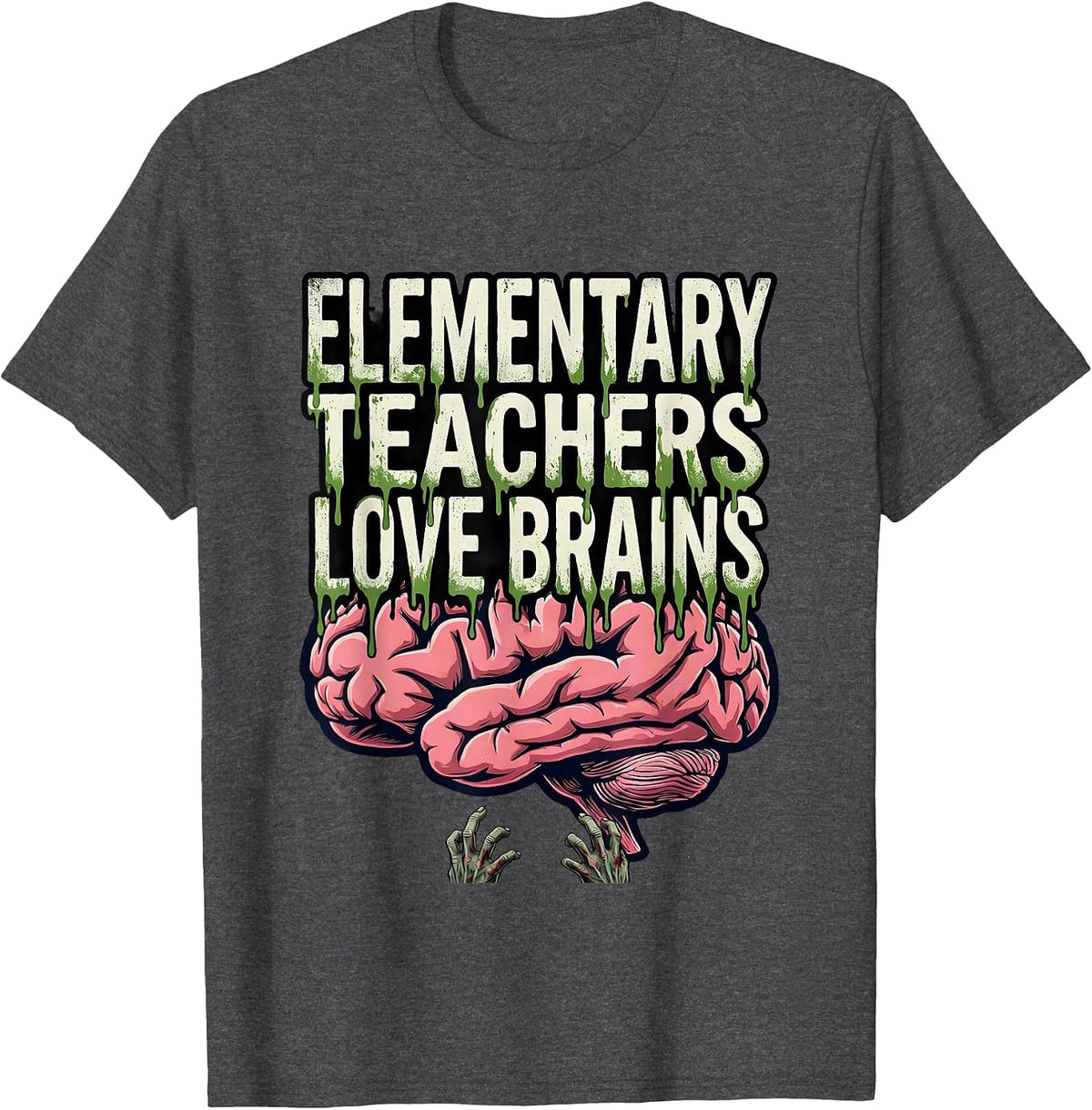 Elementary Teachers Love Brains Bold Condensed Halloween T-Shirt - Dark Heather Grey