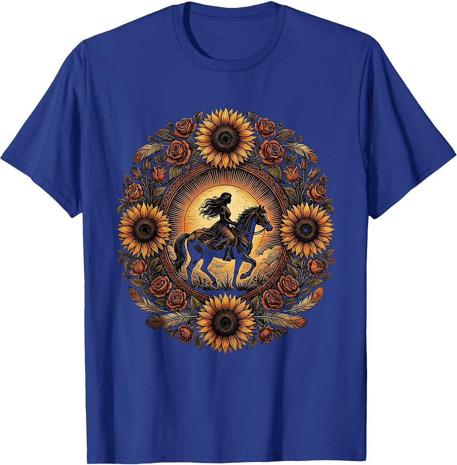 Horseback Rider Sunset Western Graphic Tee T-Shirt - Royal Blue