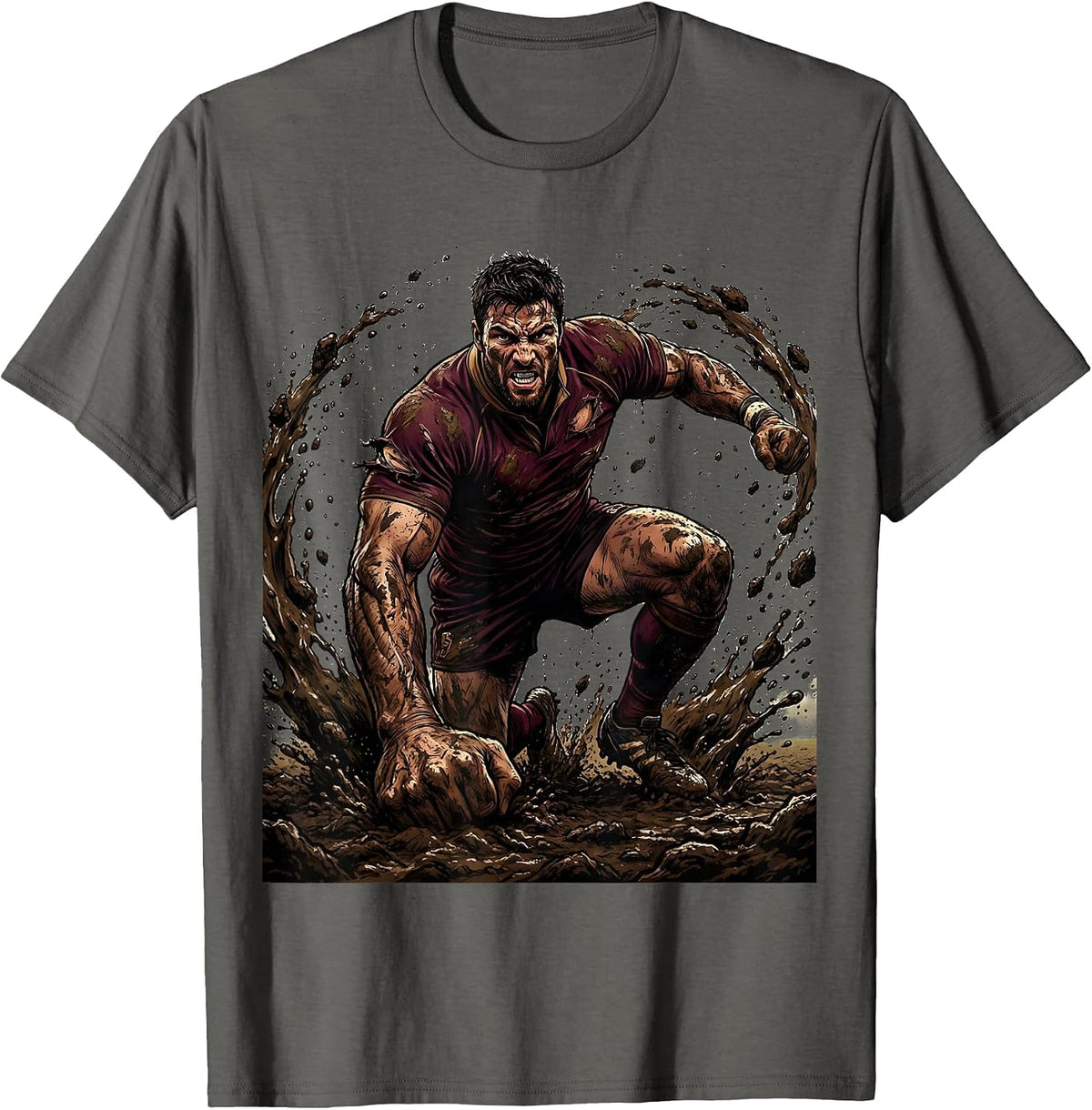 Rugby Player Rising From Mud After Tackle T-Shirt - Asphalt Grey