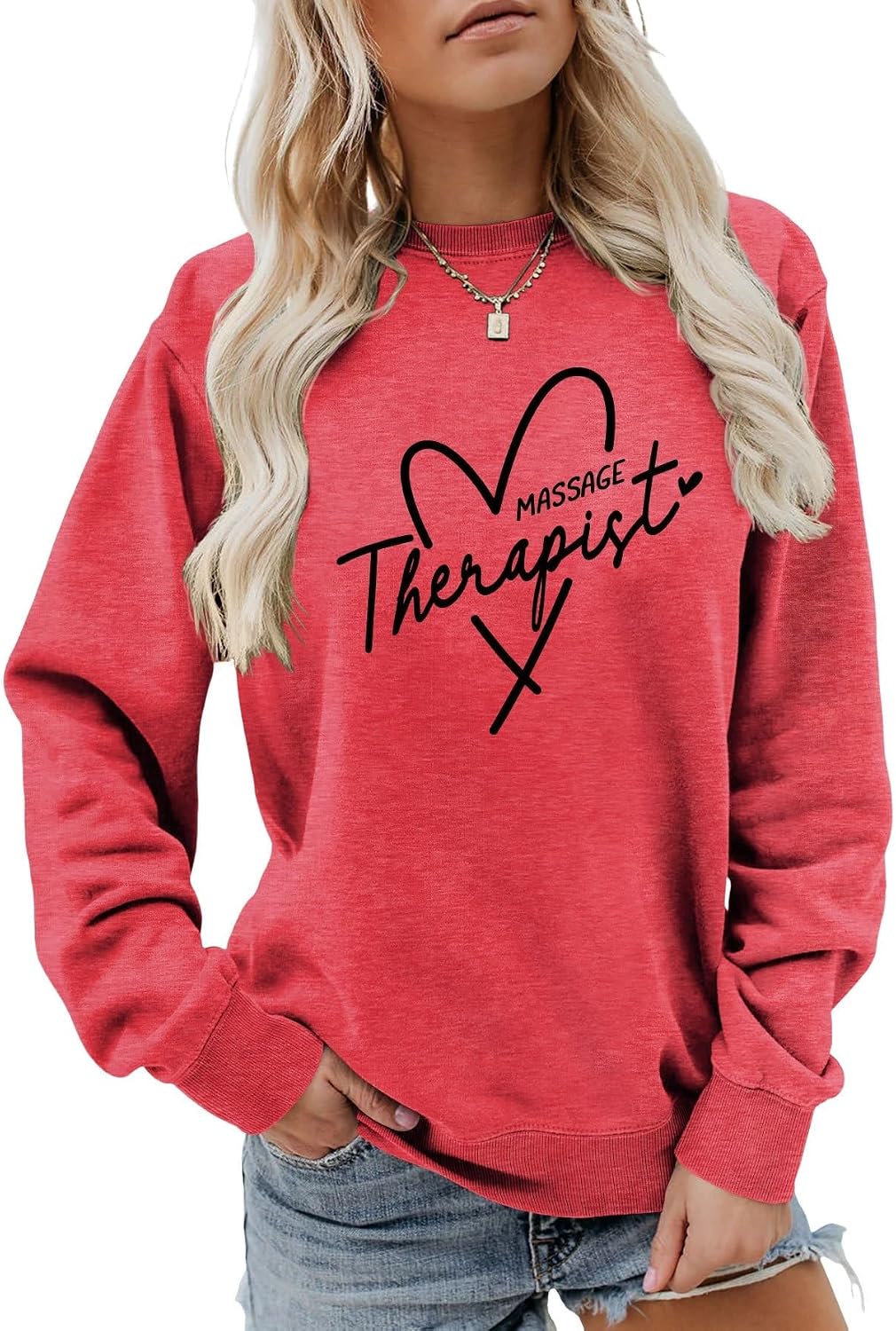Massage Therapist Sweatshirt for Women Heart Graphic Massage Therapy Shirt Crew Neck Sweater - Red