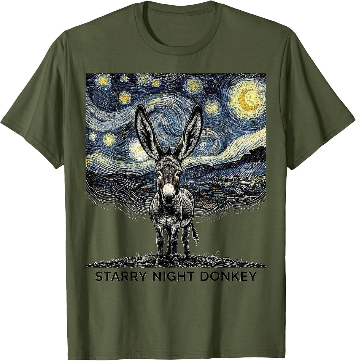 Starry Night Donkey Line Art Animal Lover Van Gogh Style T-Shirt - Olive Green