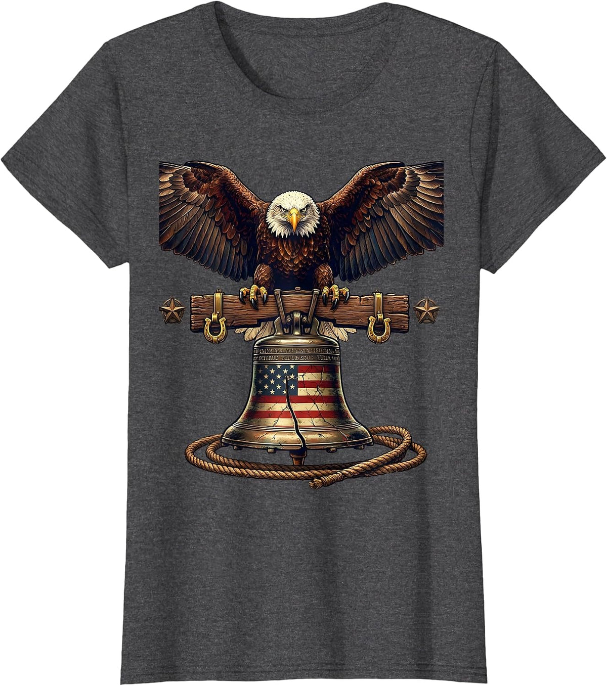 Women's Bald Eagle Liberty Bell Patriotic American Design T-Shirt - Dark Heather Grey