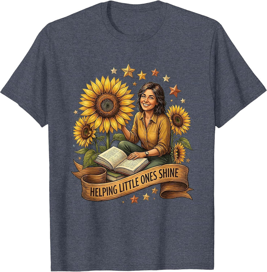 Helping Little Ones Shine Elementary Teacher Design T-Shirt - Heather Blue