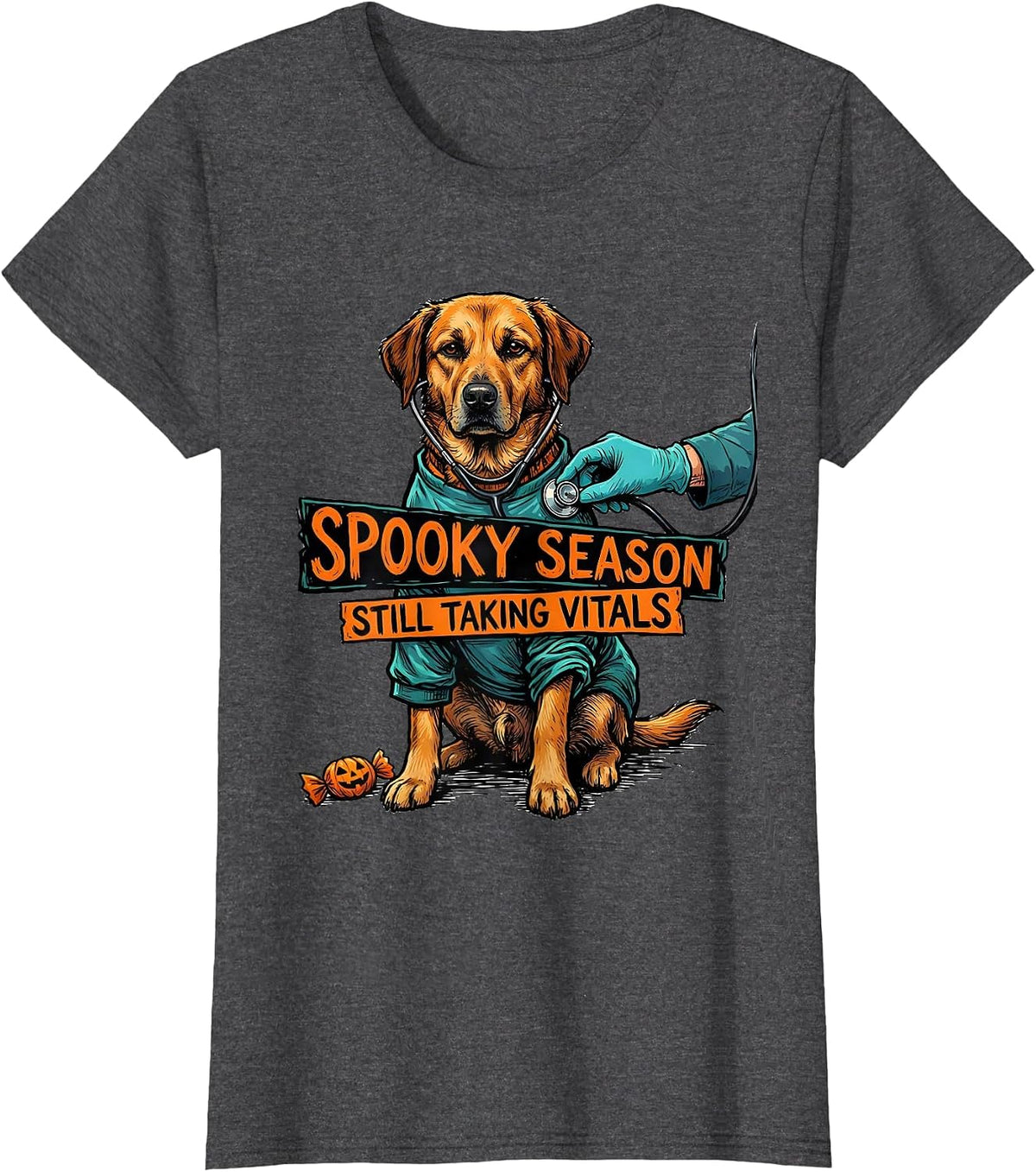 Women's Spooky Season, Still Taking Vitals Funny Vet Tech Veterinary T-Shirt - Dark Heather Grey
