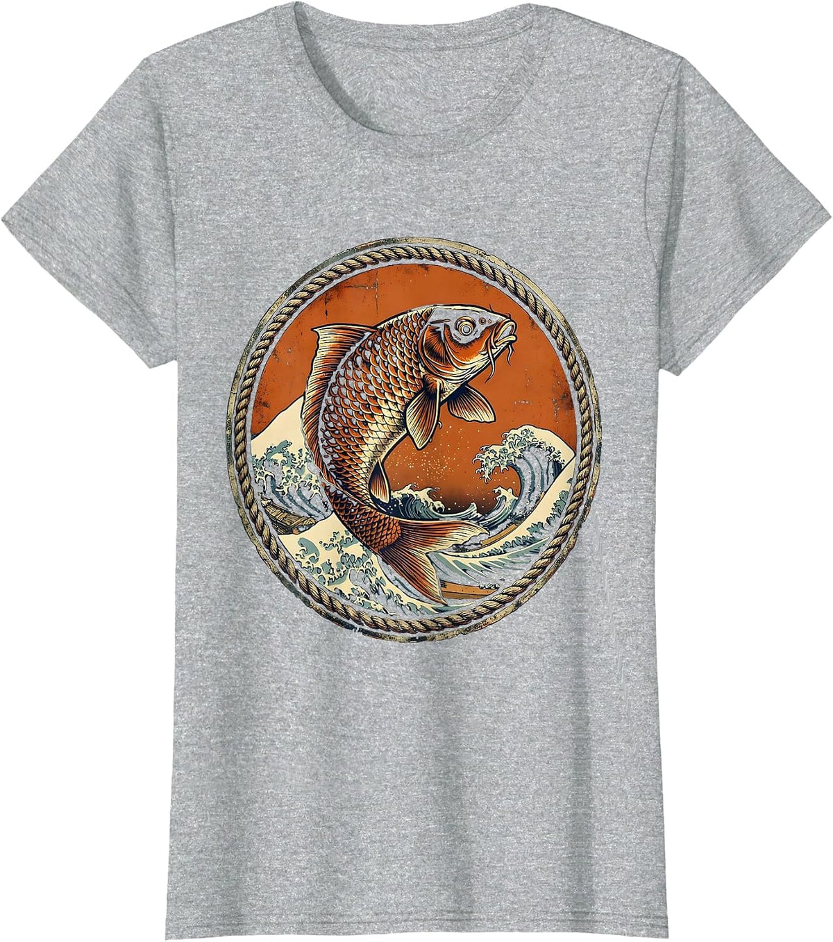 Koi Fish Leaping Through Crashing Waves T-Shirt - Heather Grey