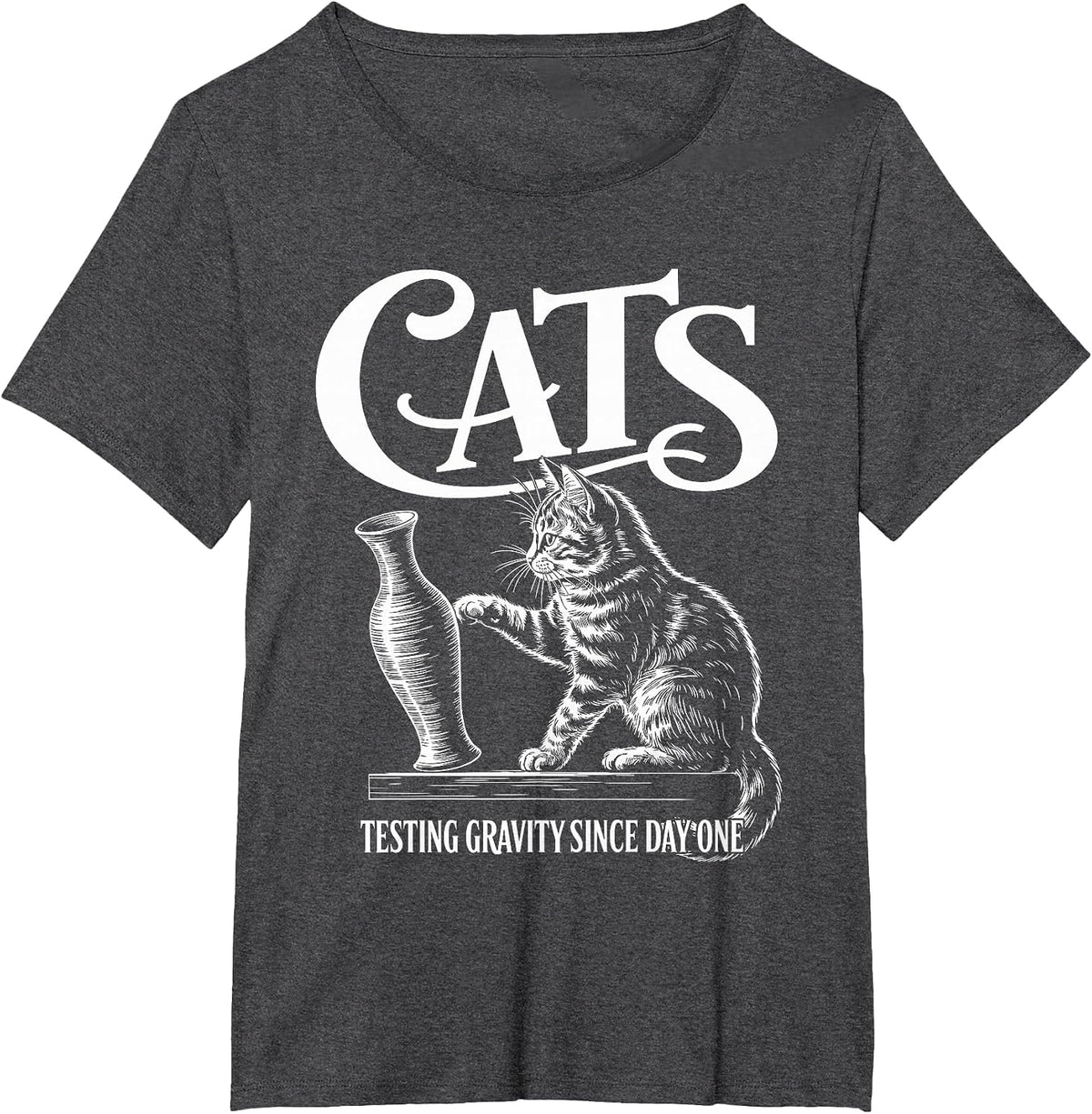 Funny Cat Physics Testing Gravity Since Day One, Math Joke T-Shirt - Dark Heather Grey