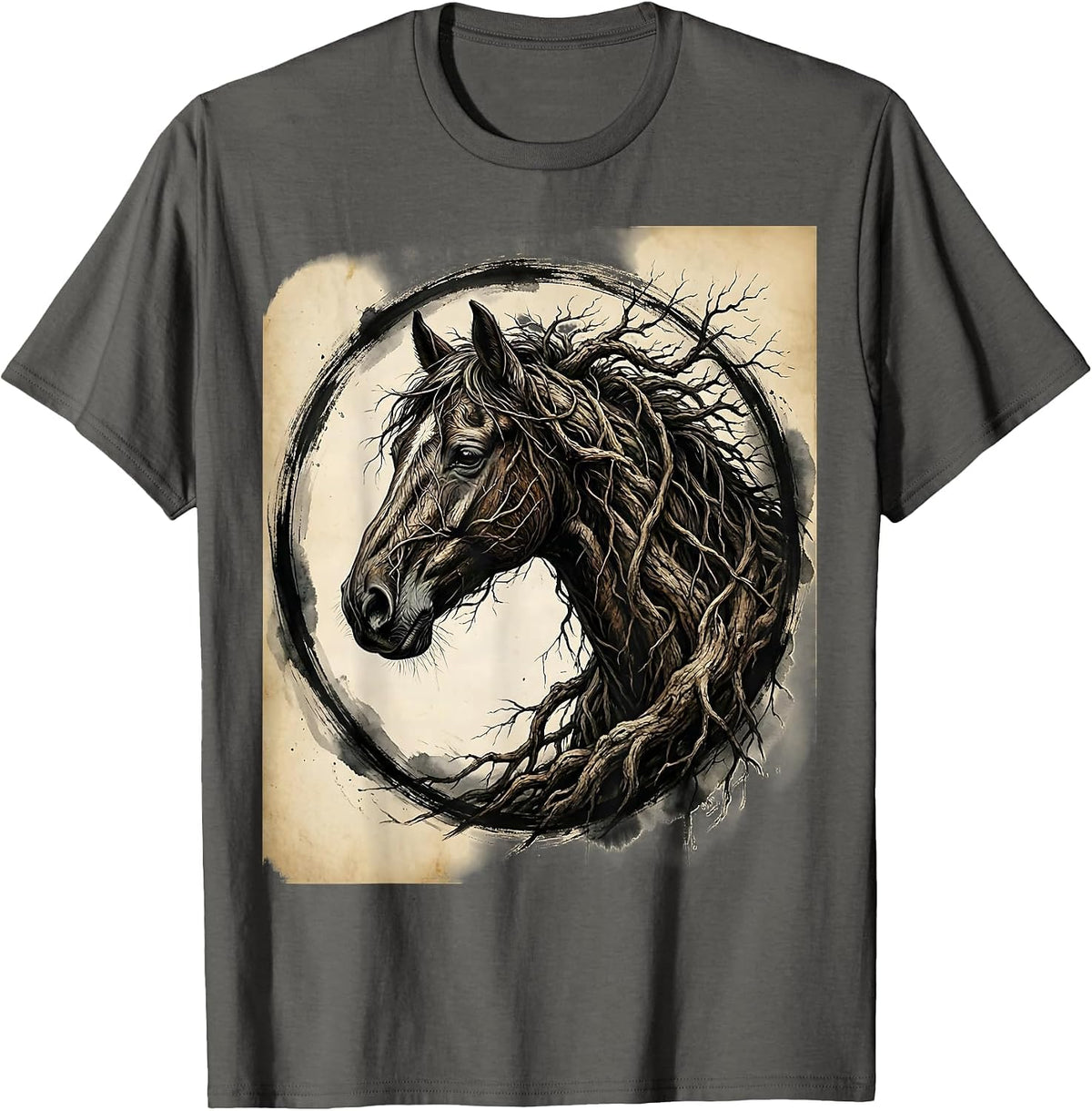 Men's Horse Profile Made of Tangled Tree Roots Art T-Shirt - Asphalt Grey