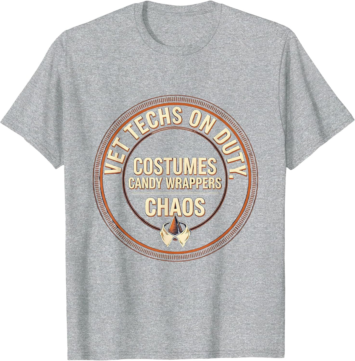 Men's Vet Techs On Duty: Costumes, Candy Wrappers, Chaos Humor T-Shirt - Heather Grey