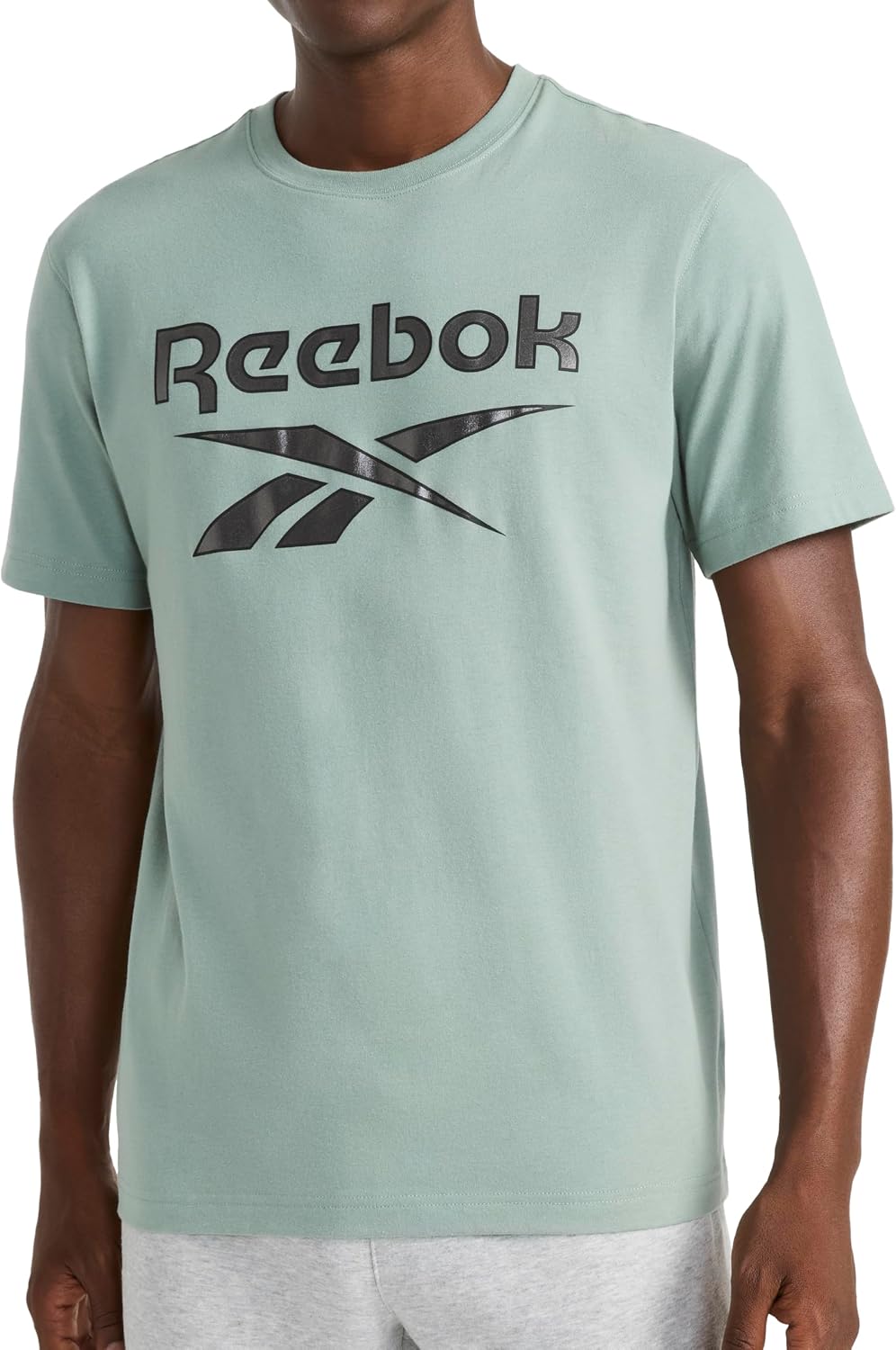 Reebok Men's Short Sleeve Graphic Crewneck T-Shirt, Standard Fit, Lightweight Cotton-Poly Fabric - Chinois Green - Black