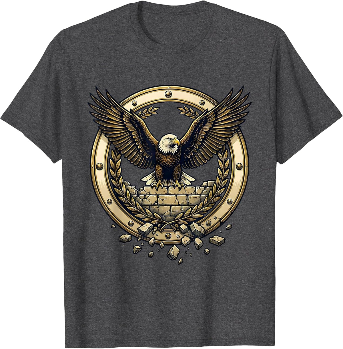 Men's Bald Eagle Perched on Crumbling Wall Patriotic Art T-Shirt - Dark Heather Grey