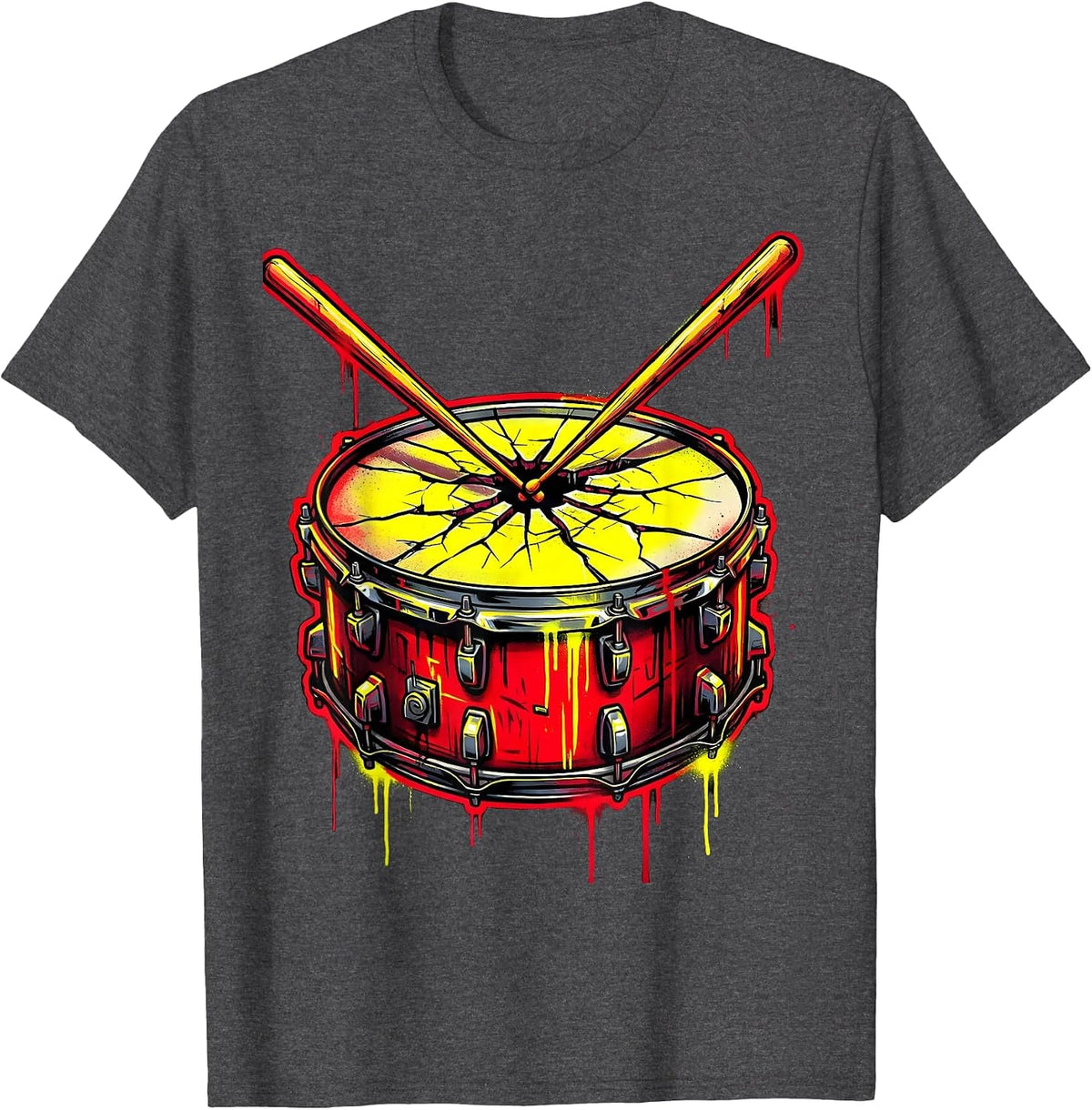 Men's Crossed Drumsticks Cracked Snare Drum Rock Graphic T-Shirt - Dark Heather Grey
