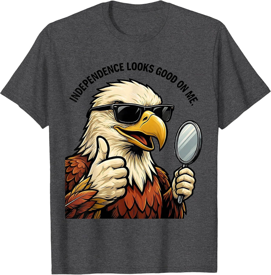 Men's Independence Looks Good On Me Retro Eagle Mascot Patriotic T-Shirt - Dark Heather Grey