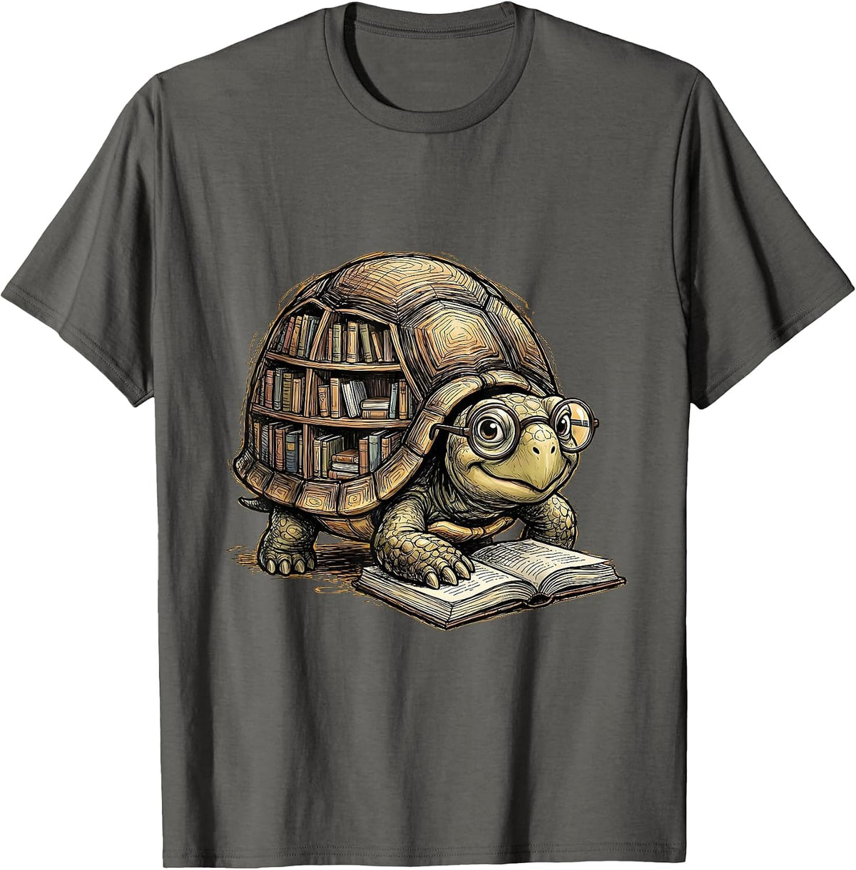 Men's Cute Turtle Bookshelf Shell Reading Glasses Teacher T-Shirt - Asphalt Grey