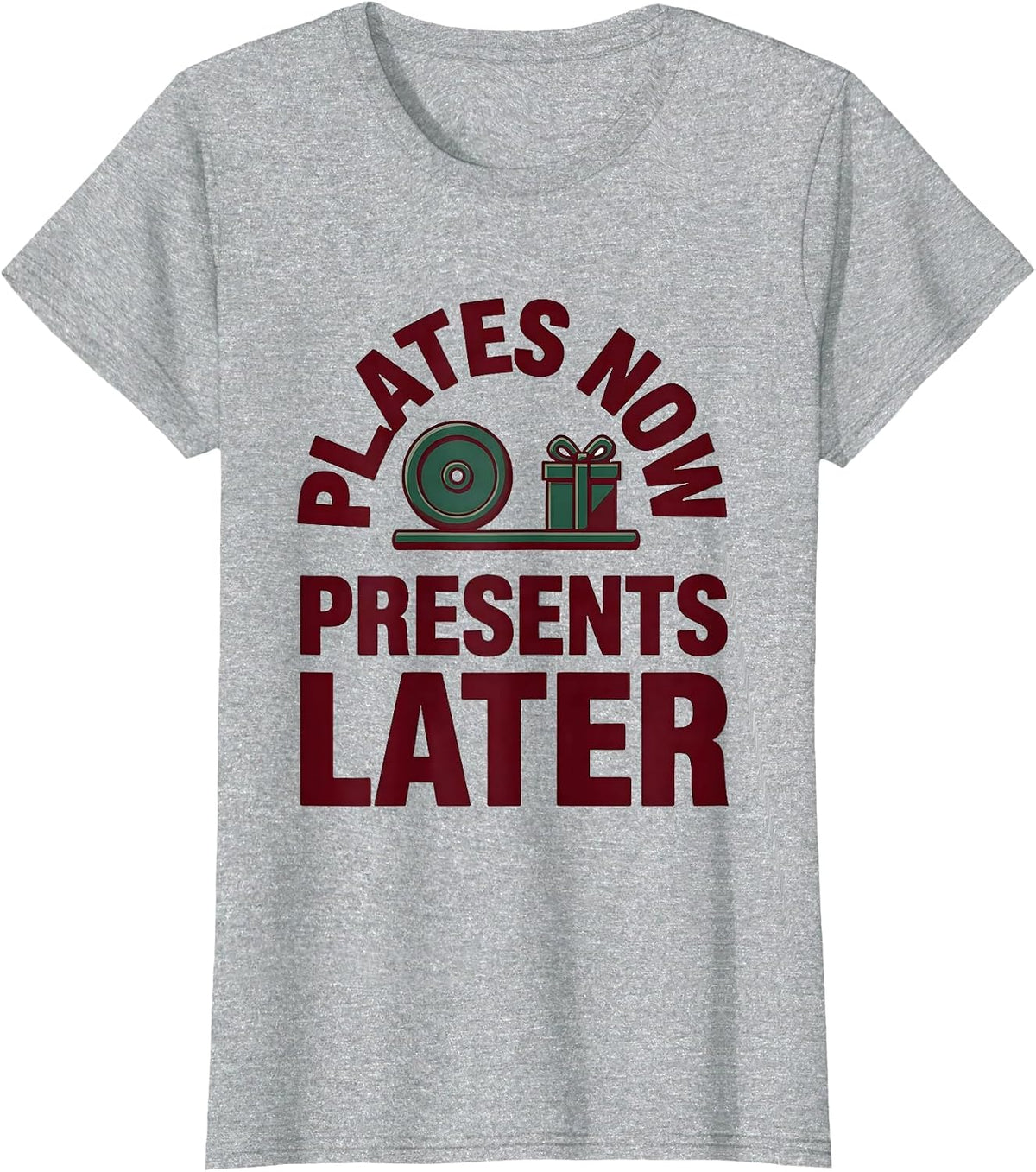 Women's Plates Now Presents Later Funny Gym Christmas Weightlifting T-Shirt - Heather Grey
