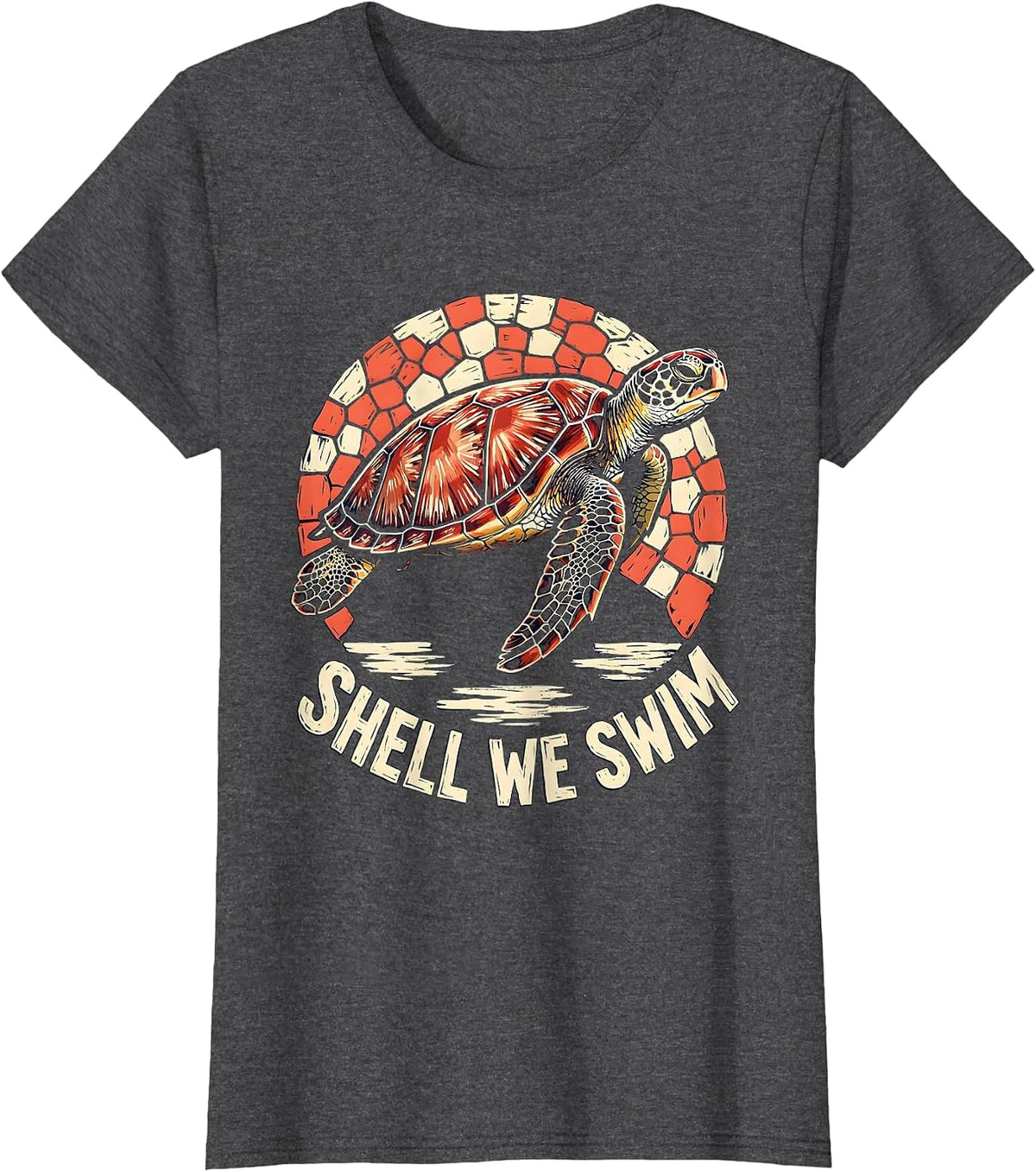 Women's Shell We Swim Linocut Sea Turtle Ocean Animal Lover Tropical T-Shirt - Dark Heather Grey
