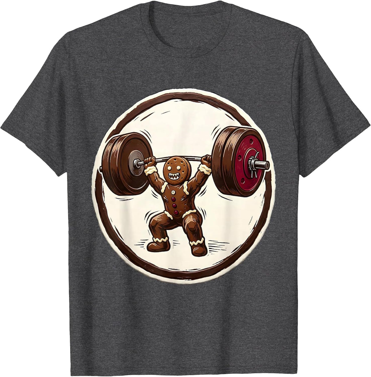 Men's Gingerbread Weightlifting Linocut Humor Gym Novelty T-Shirt - Dark Heather Grey