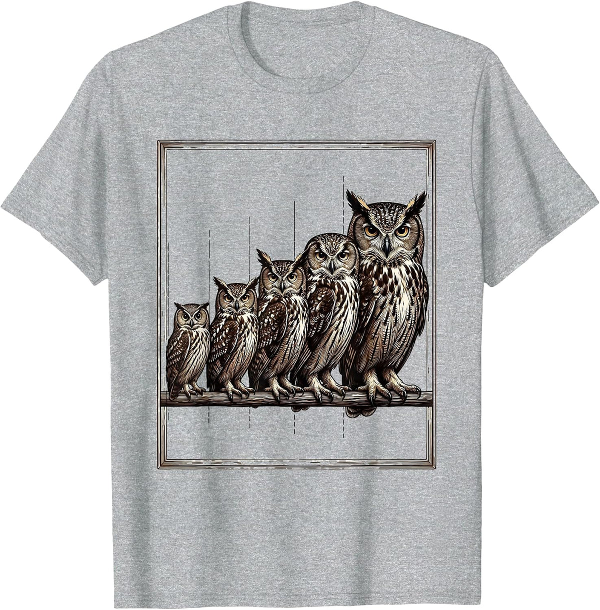 Men's Five Owl Silhouettes Crosshatch Etching Bird Lover Gift T-Shirt - Heather Grey