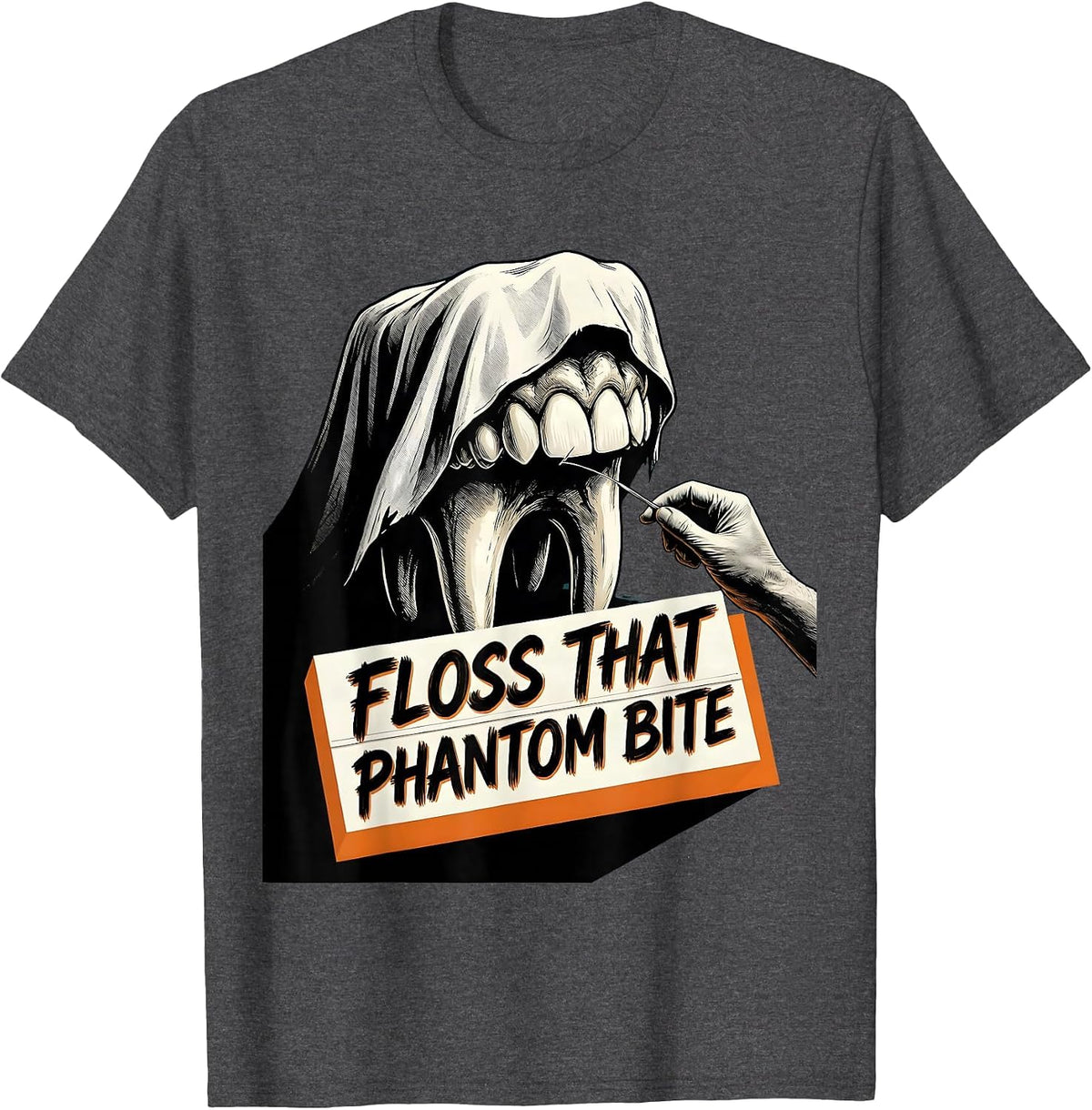 Men's Floss That Phantom Bite Funny Dental Hygienist Halloween T-Shirt - Dark Heather Grey