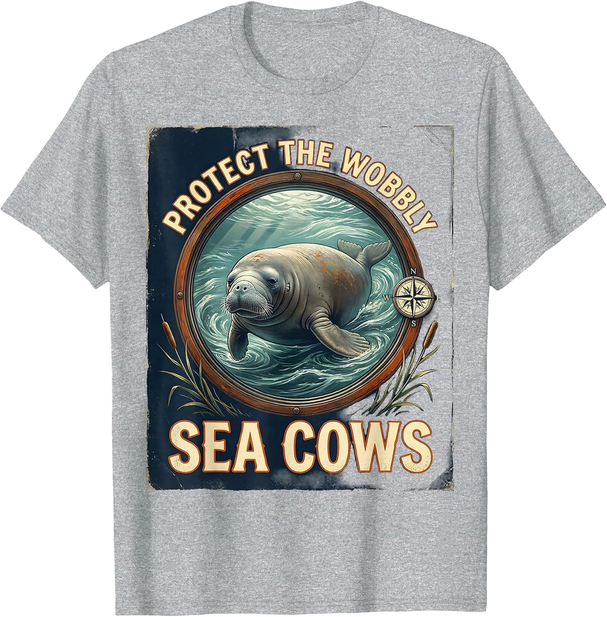 Men's Protect The Wobbly Sea Cows Vintage Manatee Lover Crystal T-Shirt - Heather Grey
