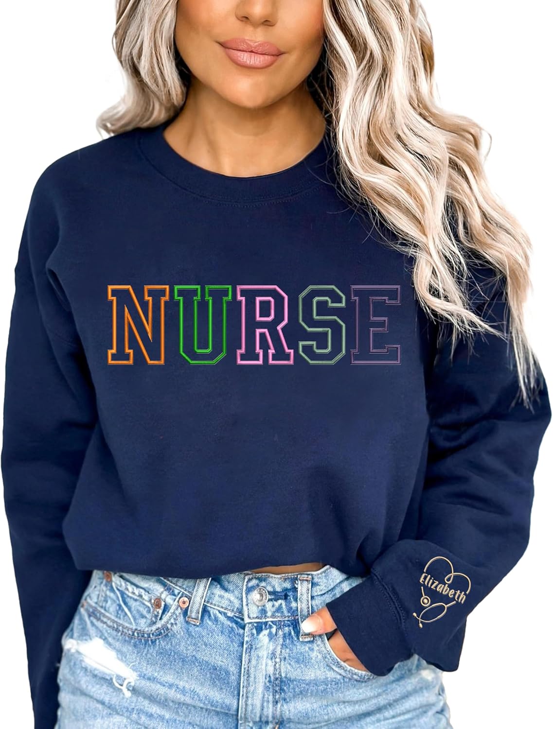 IZI POD Custom Nurse Embroidered Crewneck Sweatshirt For Women, Embroidered Nursing Gifts, Personalized Name Nurse