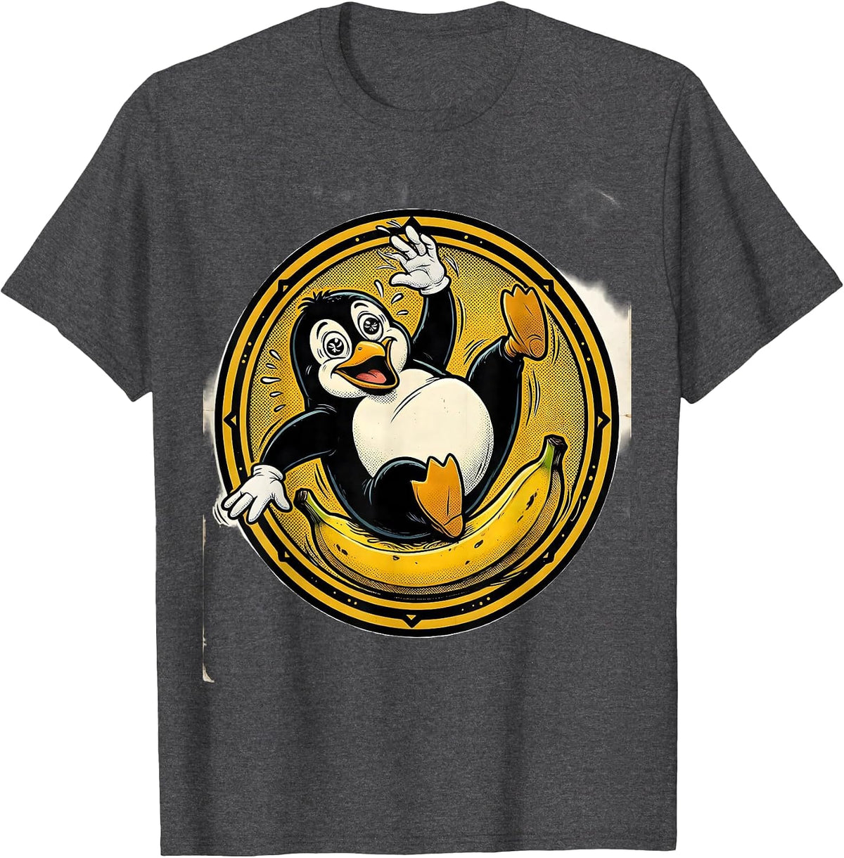 Men's Funny Penguin Slipping on Banana Peel T-Shirt - Dark Heather Grey