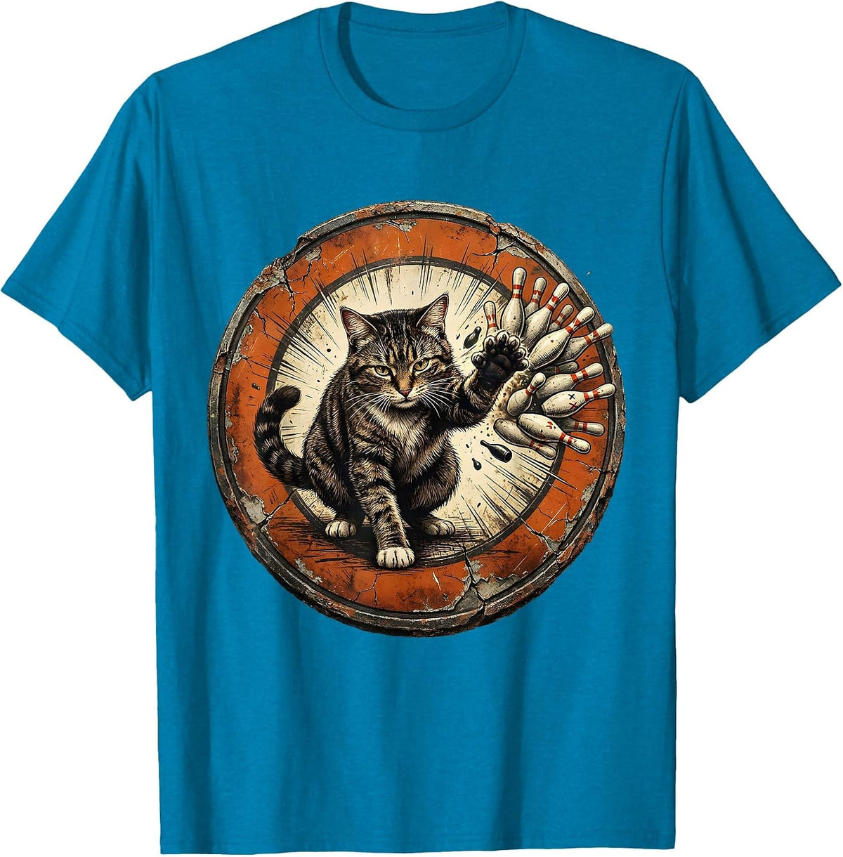 Cat Bowling Strike Funny Kitten Sports Humor T-Shirt - Sapphire Blue