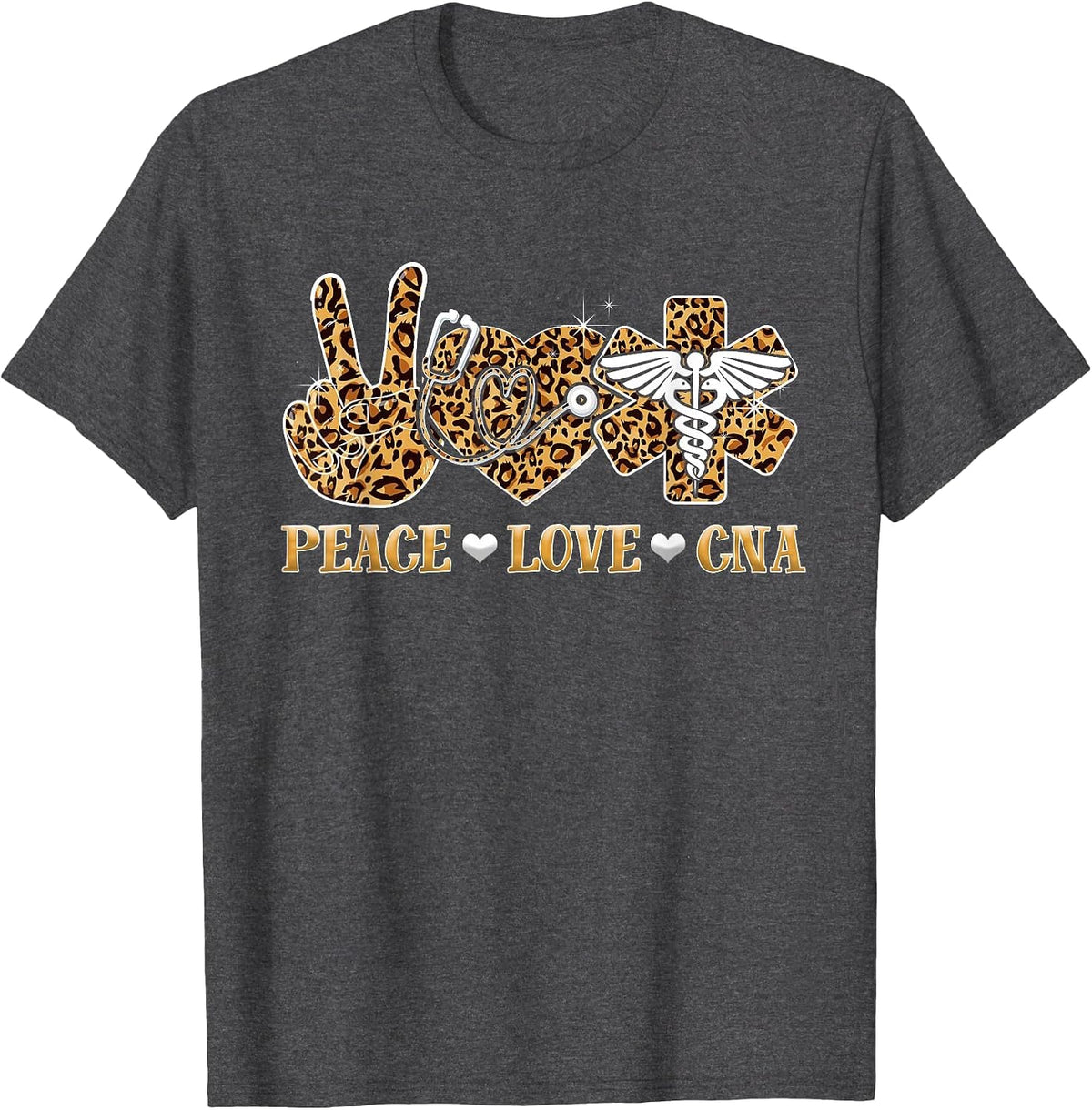 Peace Love CNA Nurse Life Leopard Print Stethoscope Heart Tee T-Shirt - Dark Heather Grey