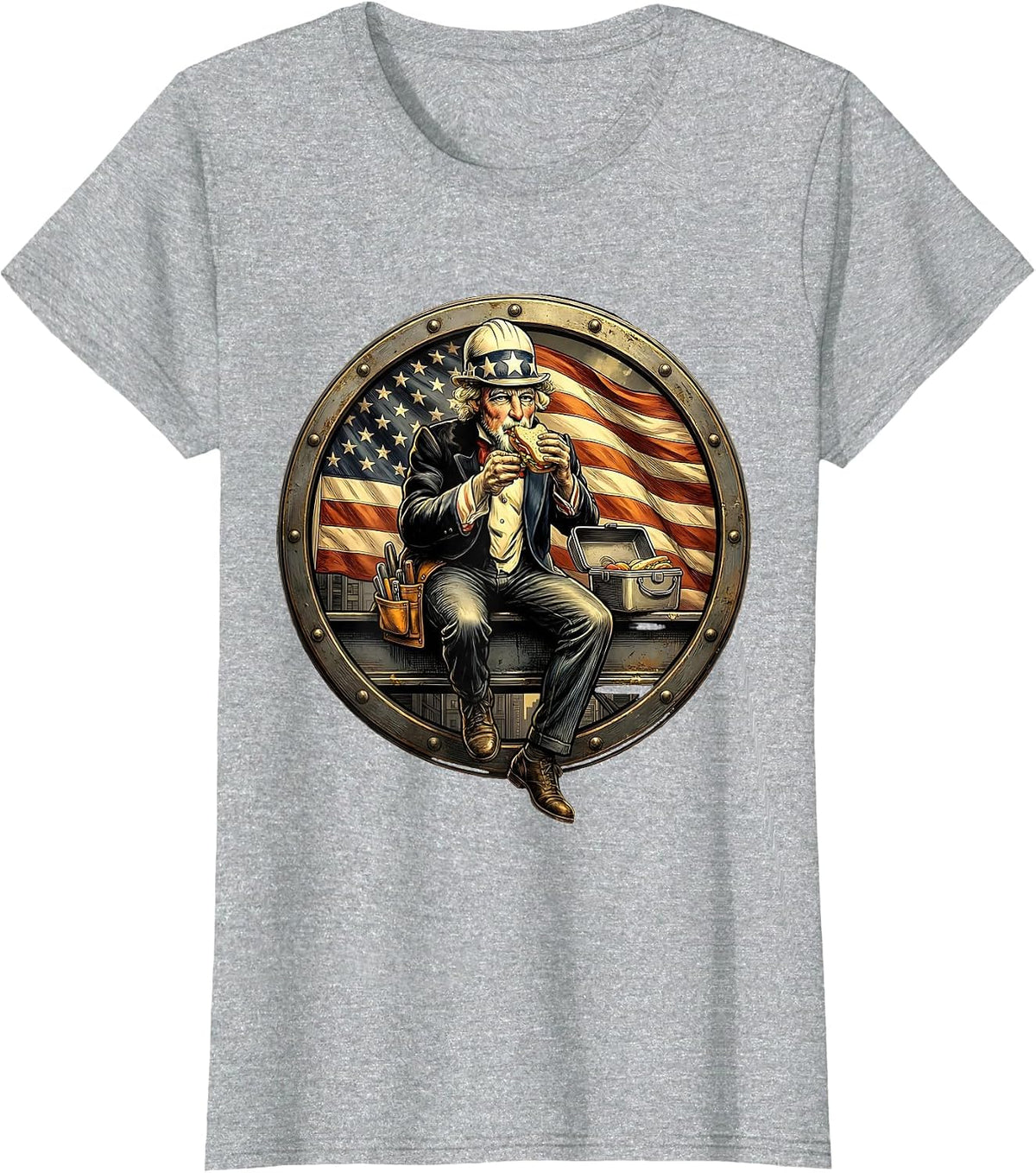 American Flag Construction Worker Steel Beam Tee T-Shirt - Heather Grey