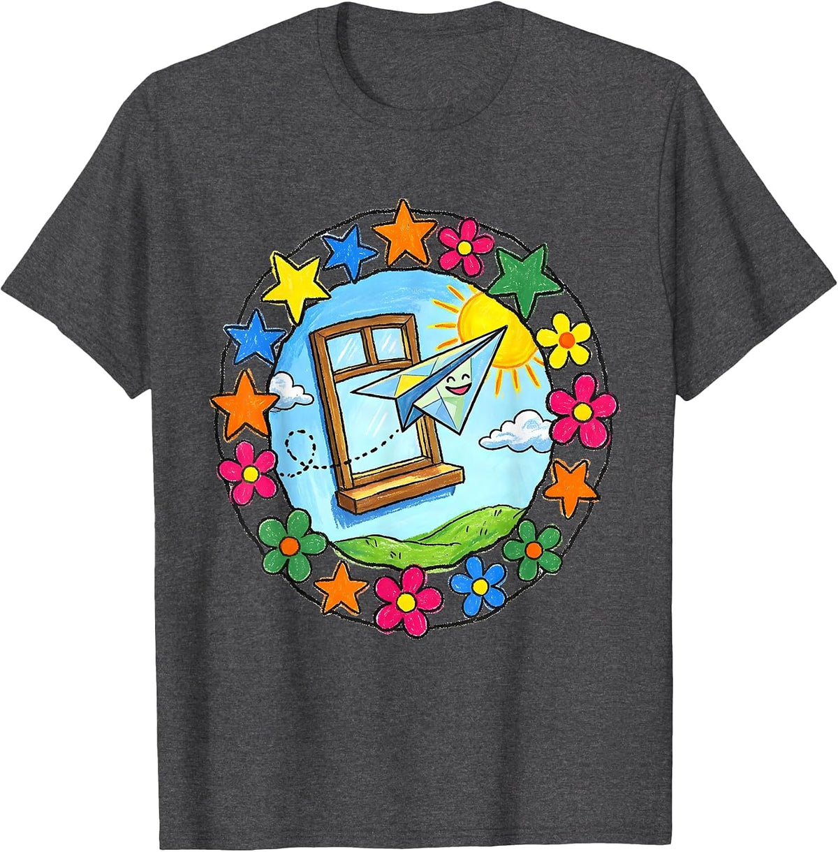 Men's Preschool Teacher Paper Airplane Classroom Art T-Shirt - Dark Heather Grey