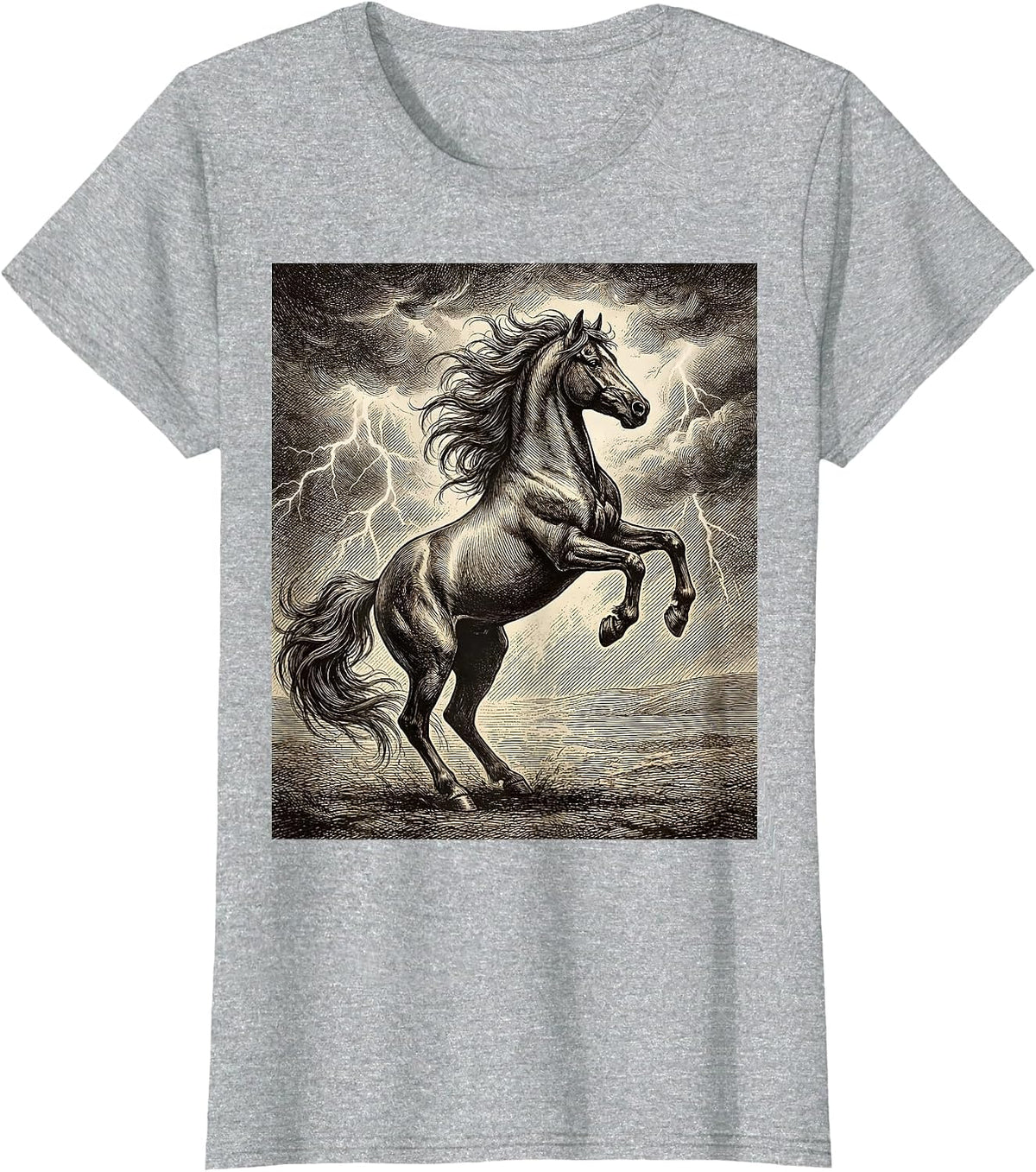 Wild Stallion Rearing Storm Sky Horse Graphic T-Shirt - Heather Grey