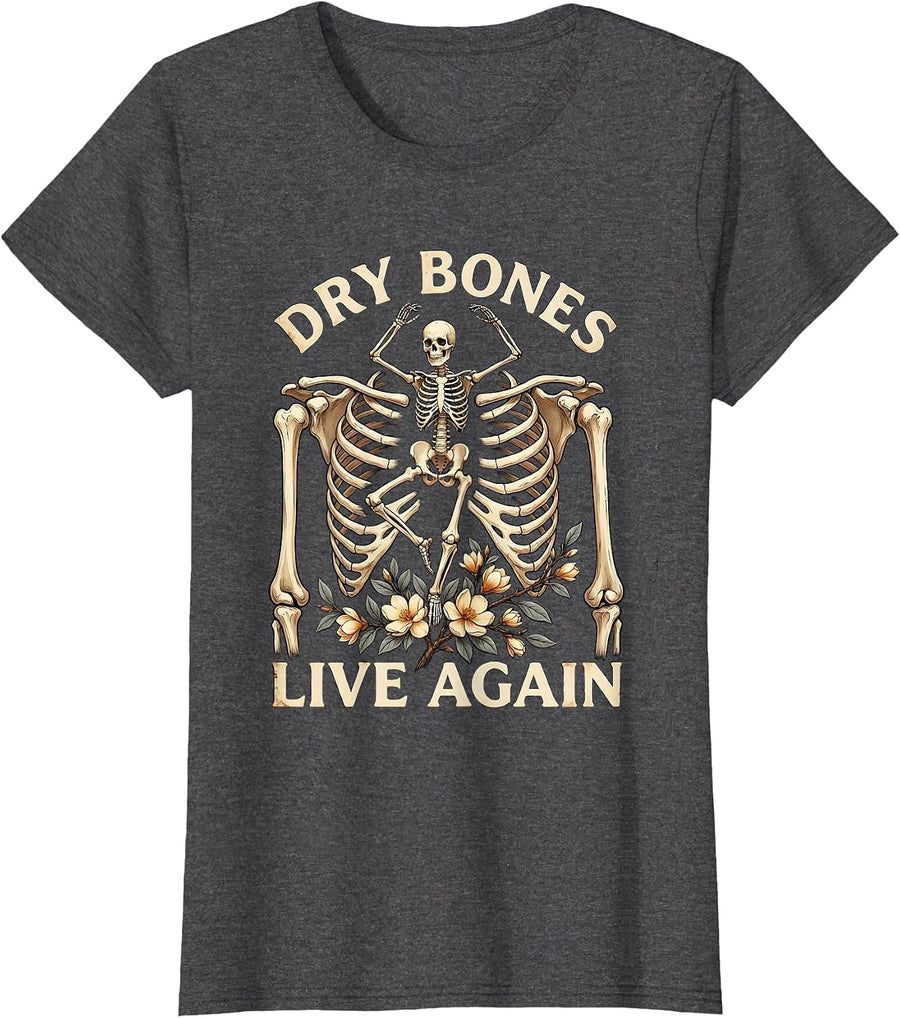 Women's Dry Bones Live Again Vintage Skeleton Christian Faith Humor T-Shirt - Dark Heather Grey