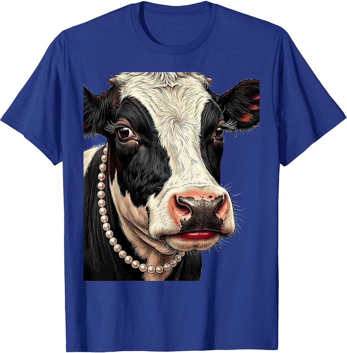 Glamorous Cow Pearl Necklace and Lipstick Design T-Shirt - Royal Blue